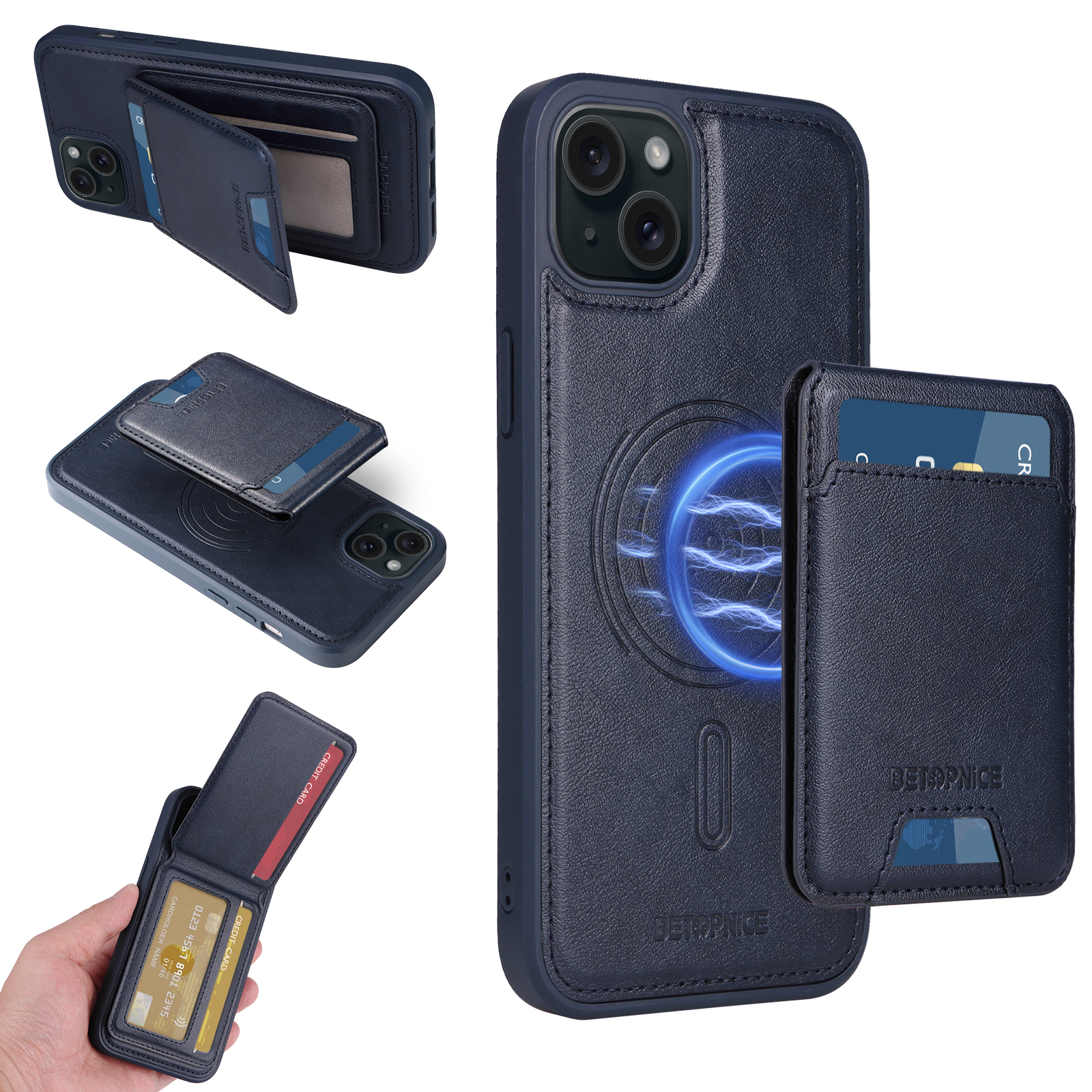 BETOPNICE For iPhone 15 Plus Magnetic Case  RFID Blocking Leather Phone Back Cover with Detachable Card Bag - Blue