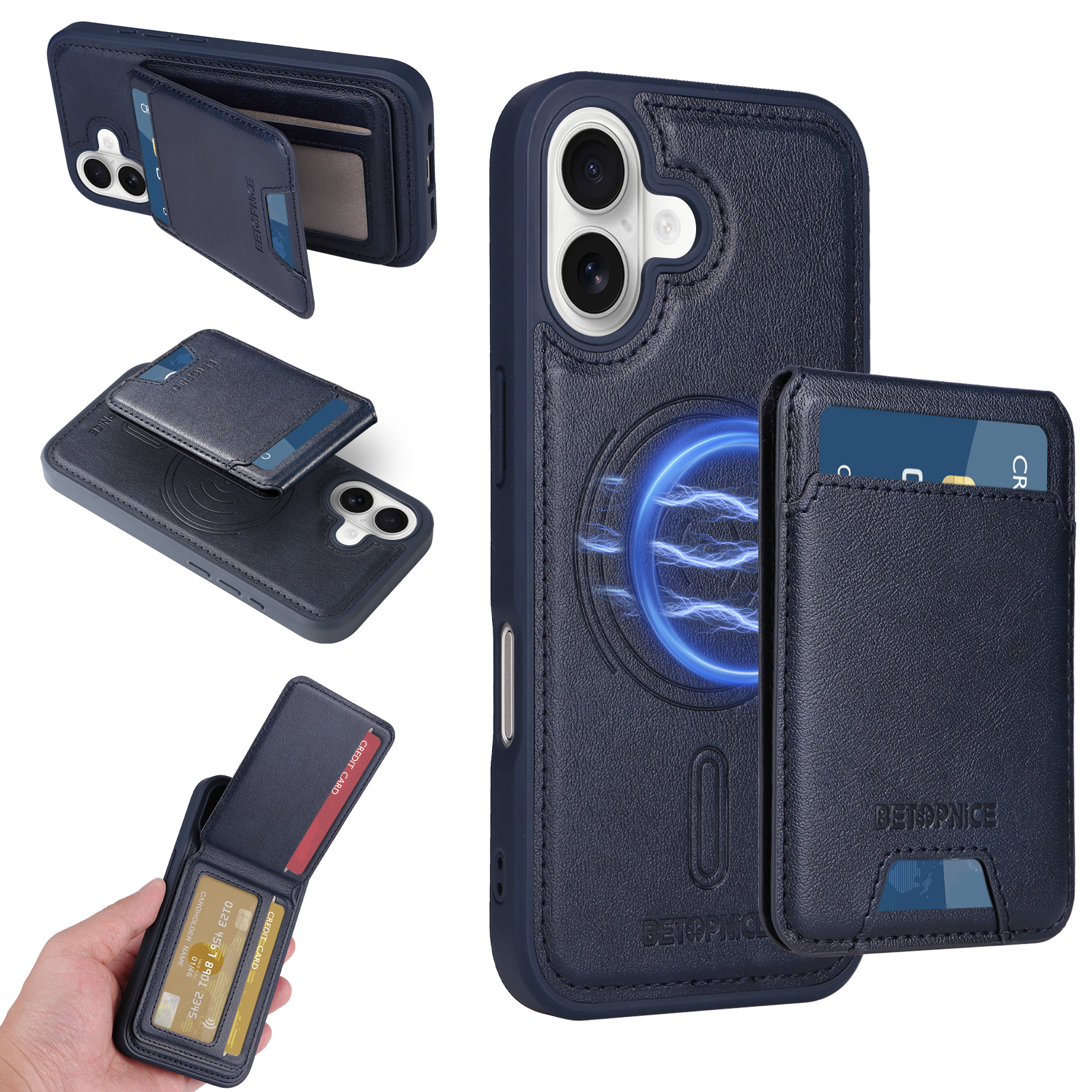 BETOPNICE For iPhone 16 Magnetic Case  RFID Blocking Leather Phone Back Cover with Detachable Card Bag - Blue