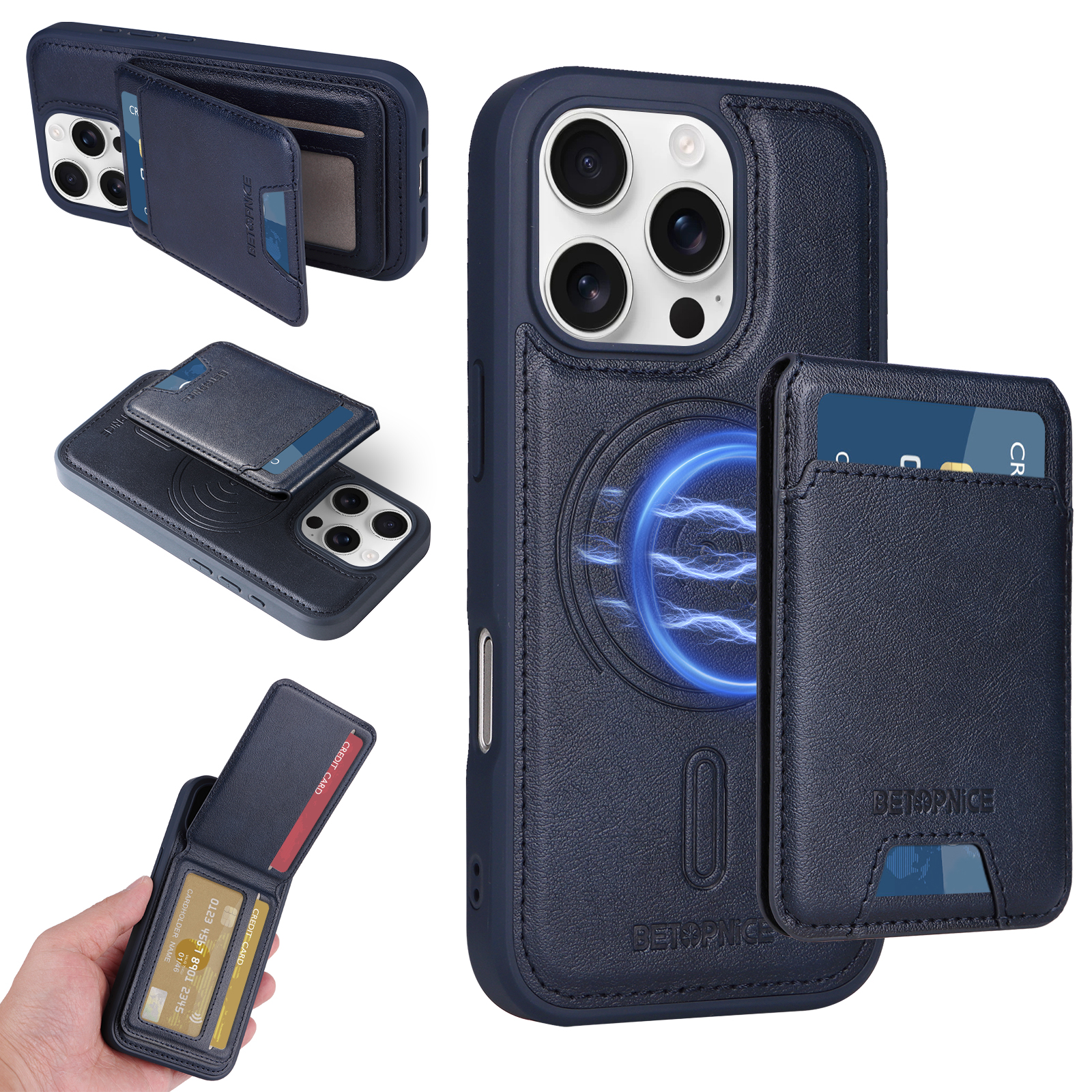 BETOPNICE For iPhone 16 Pro Magnetic Case  RFID Blocking Leather Phone Back Cover with Detachable Card Bag - Blue