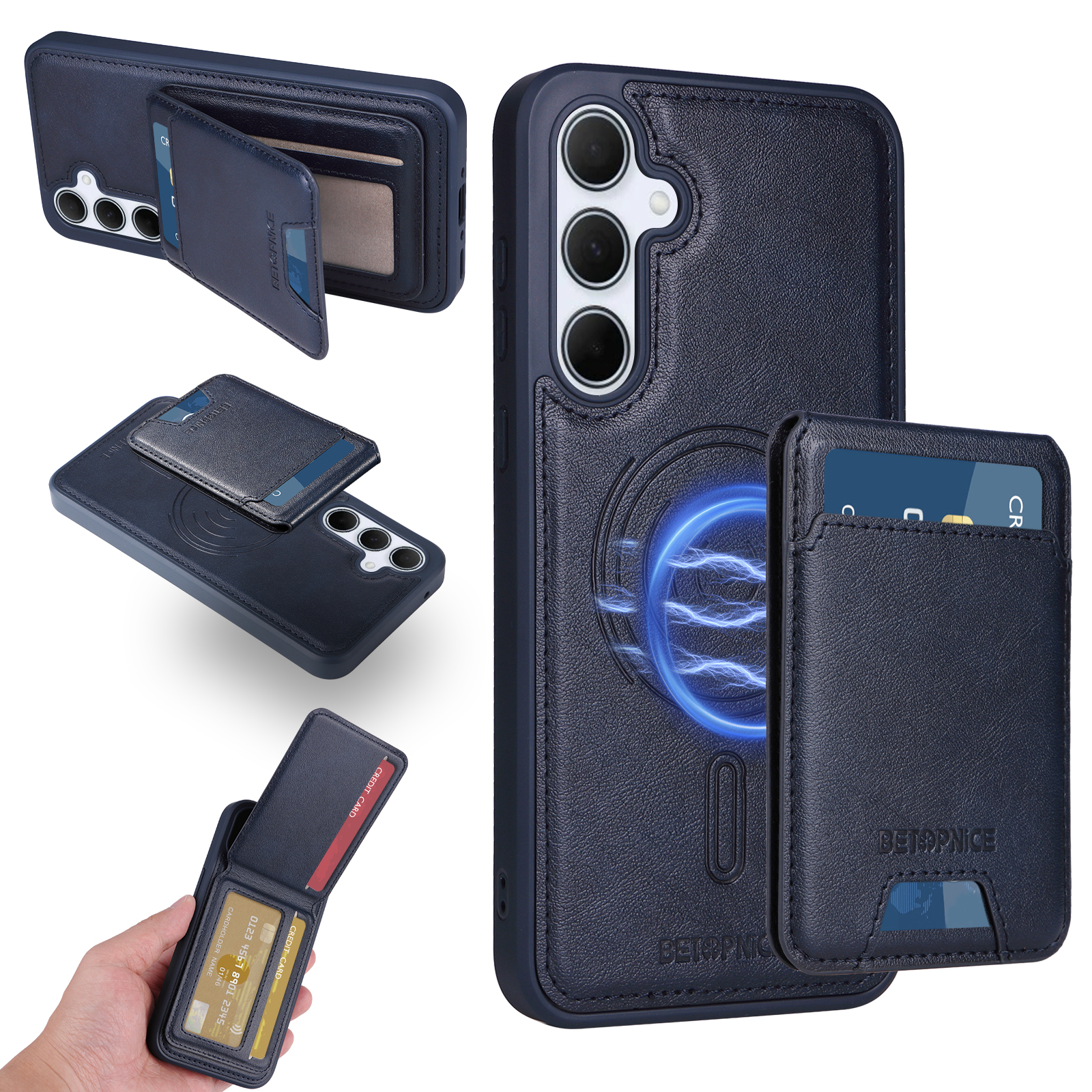 BETOPNICE For Samsung Galaxy A35 5G Magnetic Case  RFID Blocking Leather Phone Back Cover with Detachable Card Bag - Blue