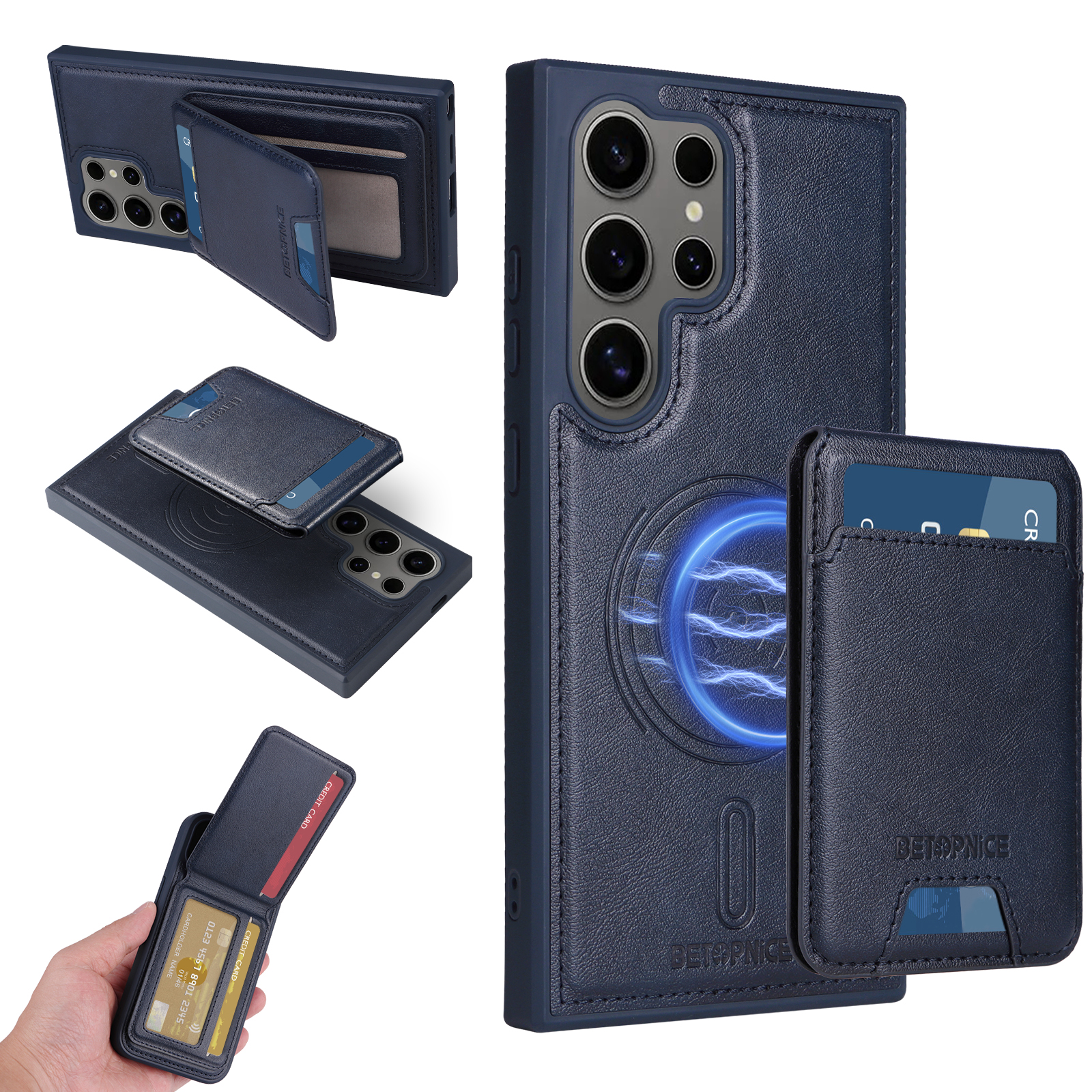 BETOPNICE For Samsung Galaxy S24 Ultra Magnetic Case  RFID Blocking Leather Phone Back Cover with Detachable Card Bag - Blue