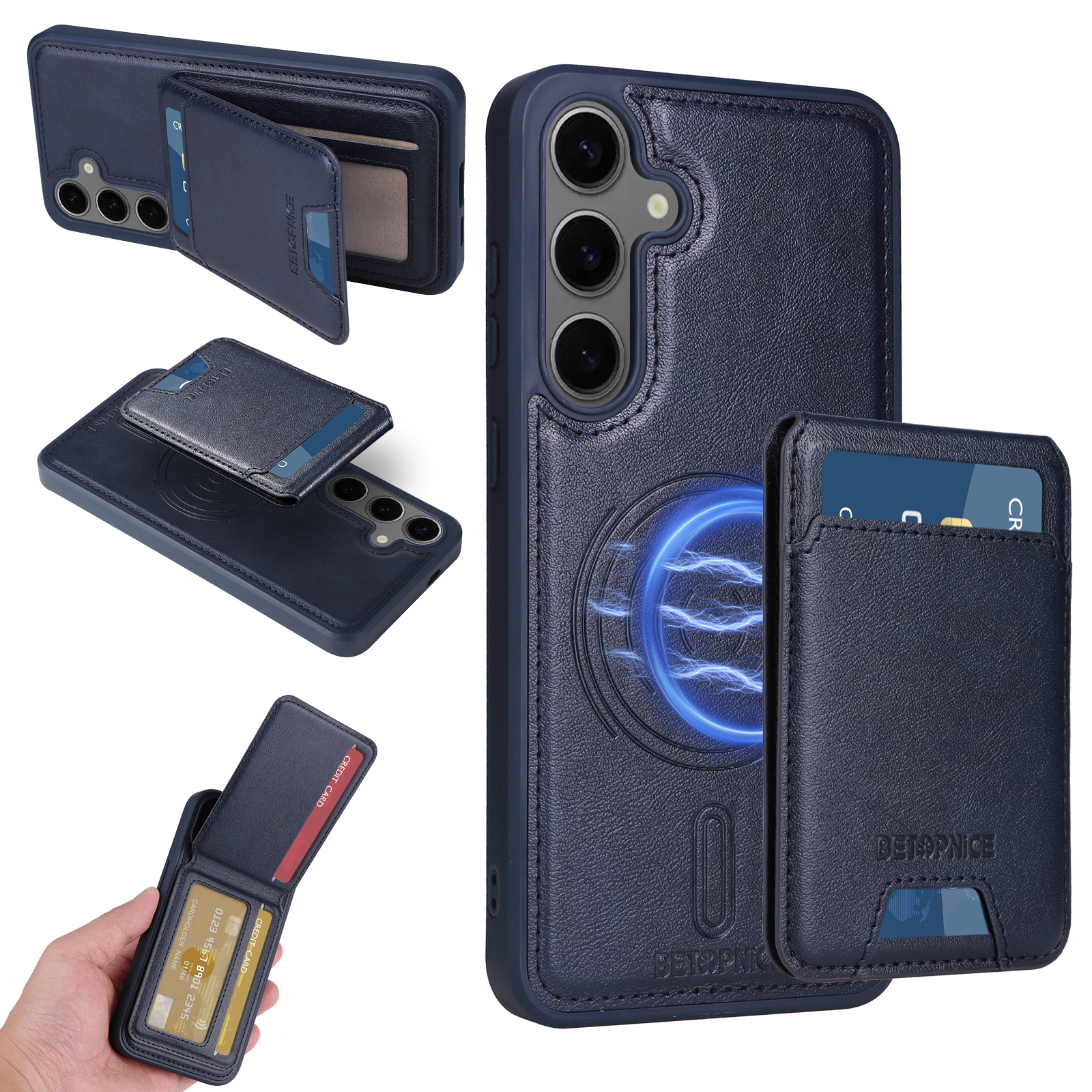 BETOPNICE For Samsung Galaxy S24+ Magnetic Case  RFID Blocking Leather Phone Back Cover with Detachable Card Bag - Blue