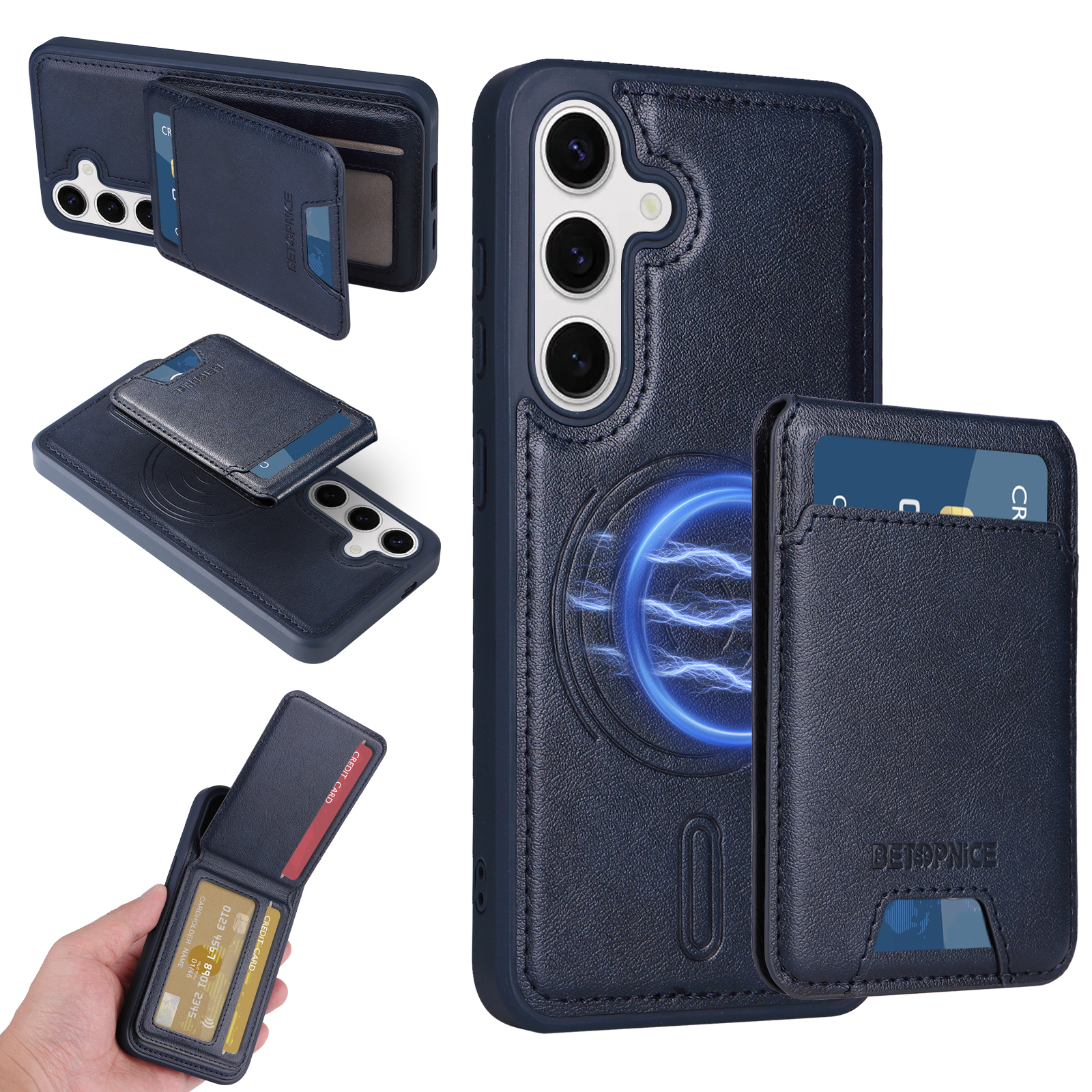 BETOPNICE For Samsung Galaxy S24 Magnetic Case  RFID Blocking Leather Phone Back Cover with Detachable Card Bag - Blue