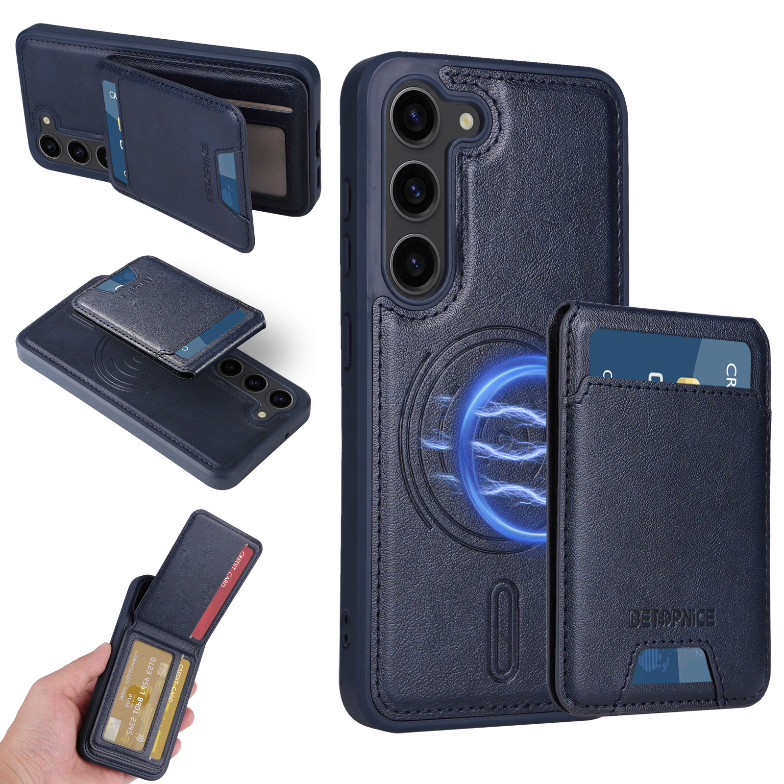 BETOPNICE For Samsung Galaxy S23 Magnetic Case  RFID Blocking Leather Phone Back Cover with Detachable Card Bag - Blue