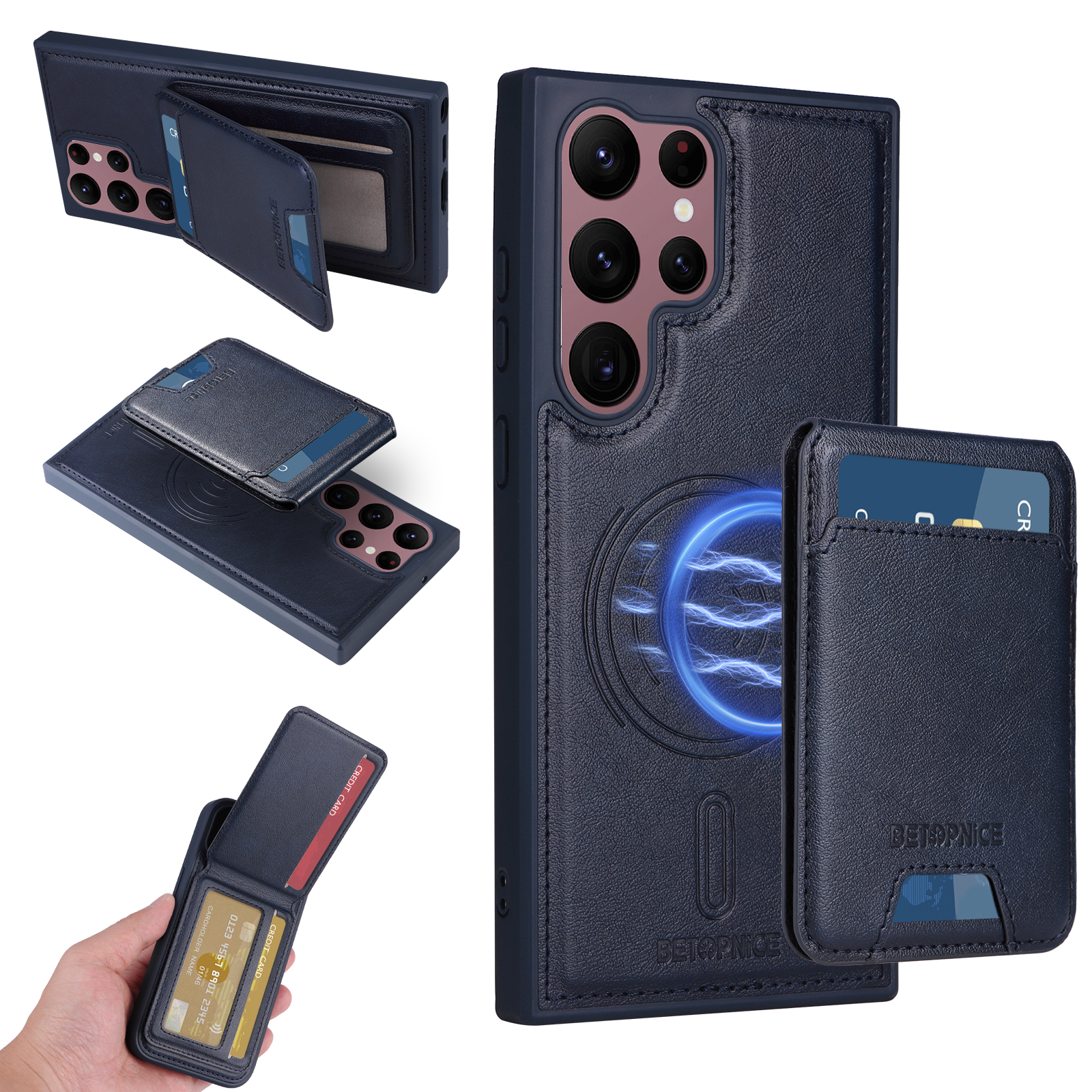 BETOPNICE For Samsung Galaxy S22 Ultra 5G Magnetic Case  RFID Blocking Leather Phone Back Cover with Detachable Card Bag - Blue