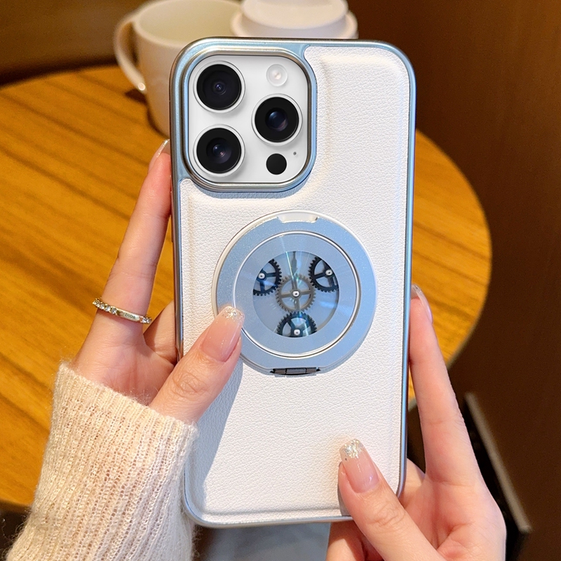 For iPhone 15 Pro Magnetic Case Rotating Kickstand Gear Stress Relief Leather Phone Back Cover - White
