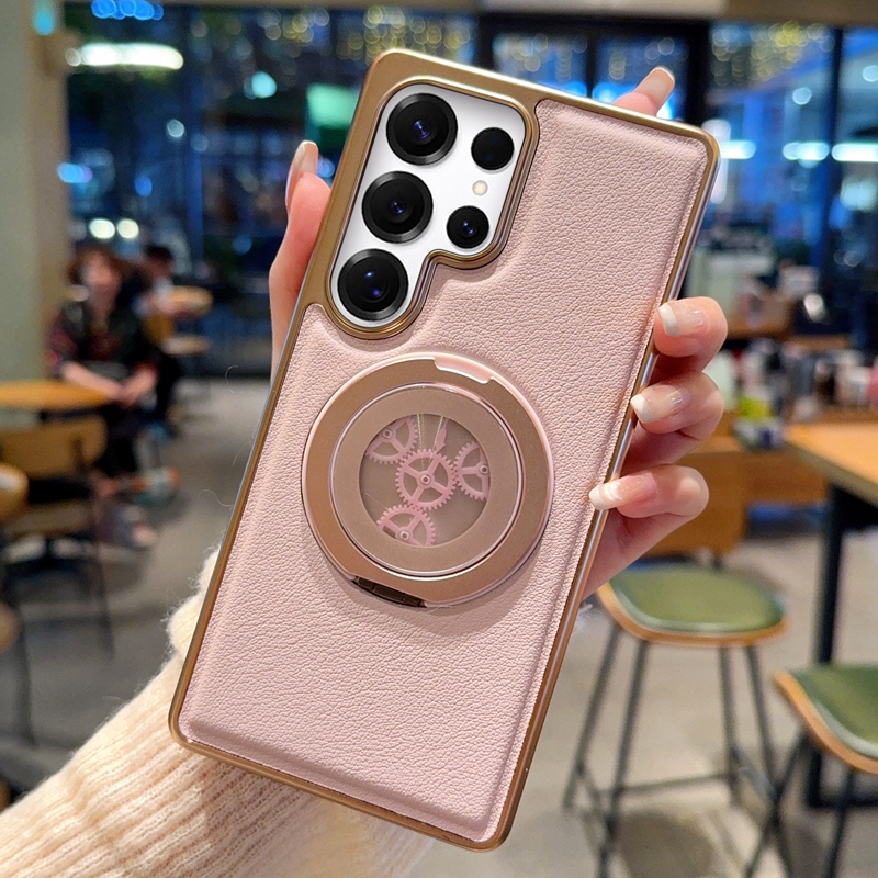 For Samsung Galaxy S25 Ultra Magnetic Case Rotating Kickstand Gear Stress Relief Leather Phone Back Cover - Pink