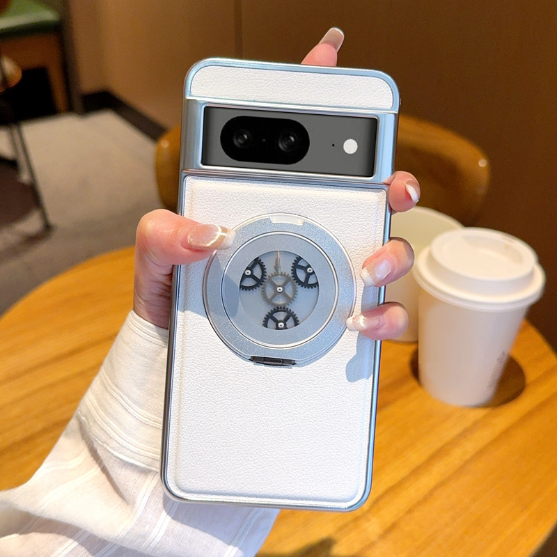 For Google Pixel 8 Magnetic Case Rotating Kickstand Gear Stress Relief Leather Phone Back Cover - White