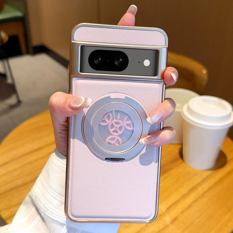 For Google Pixel 8 Magnetic Case Rotating Kickstand Gear Stress Relief Leather Phone Back Cover - Pink