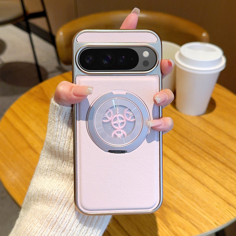 For Google Pixel 9 / Pixel 9 Pro Magnetic Case Rotating Kickstand Gear Stress Relief Leather Phone Back Cover - Pink
