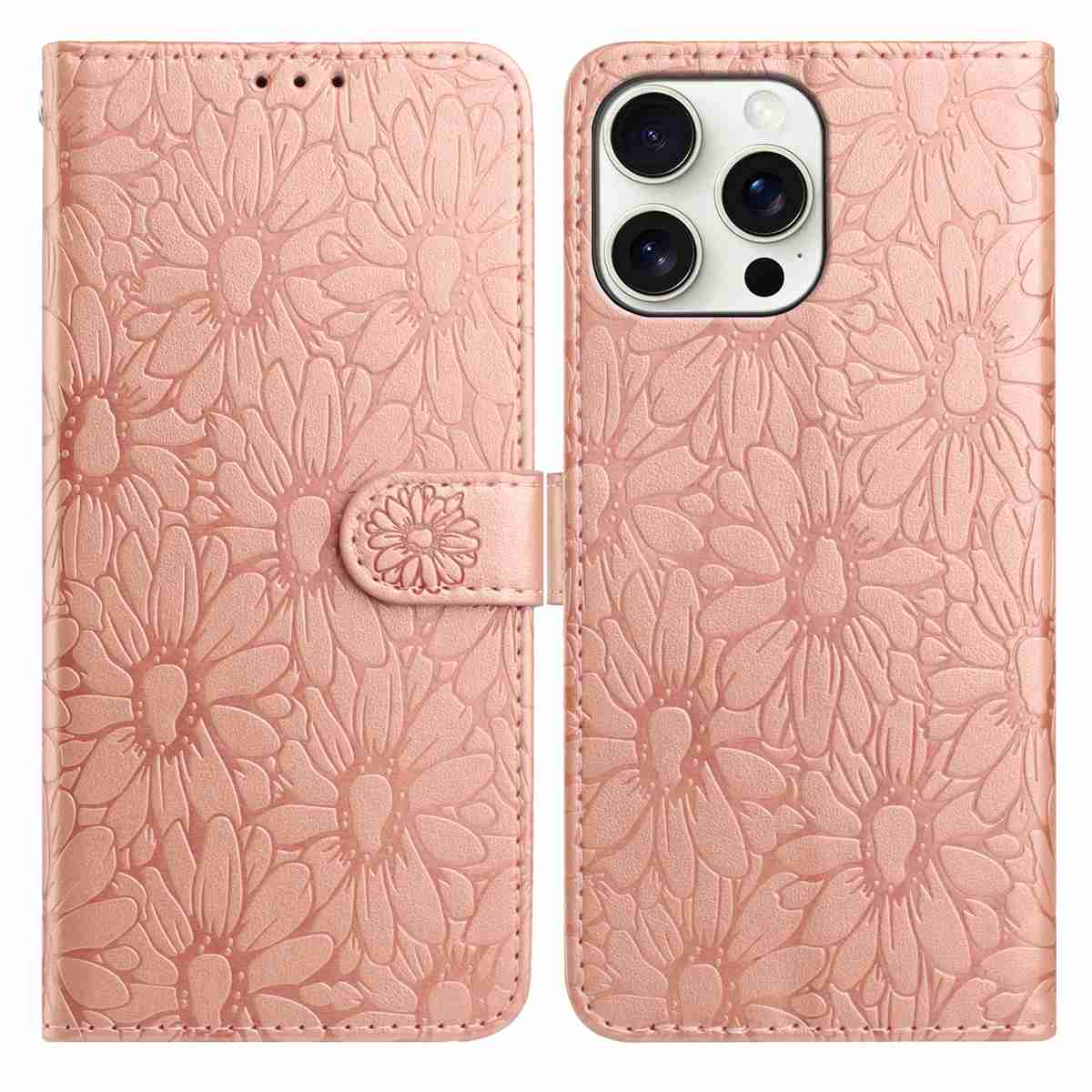 For iPhone 16 Pro Max Leather Case Daisy Imprint Wallet Stand Phone Protective Cover - Rose Gold