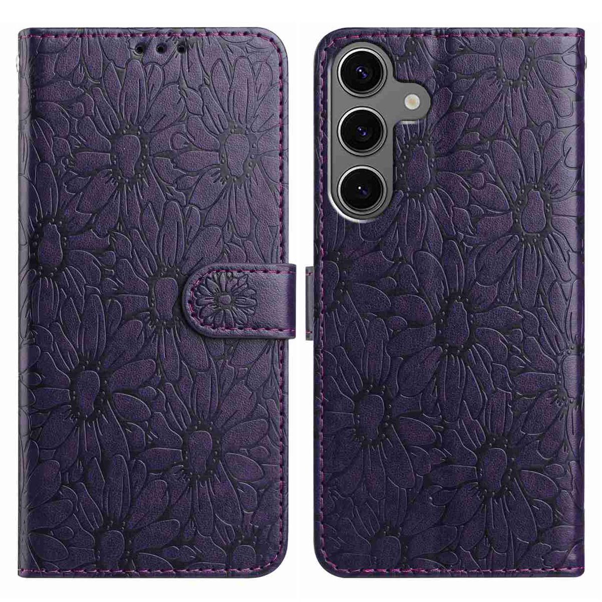 For Samsung Galaxy S25+  /  S24+ Leather Case Daisy Imprint Wallet Stand Phone Protective Cover - Dark Purple