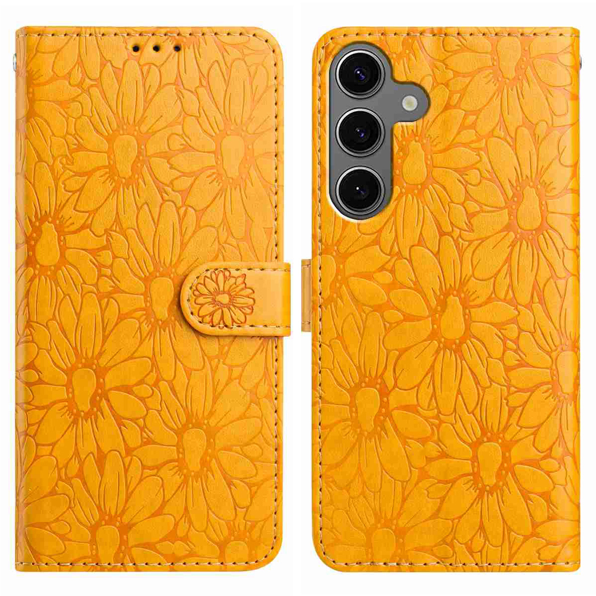 For Samsung Galaxy S25  /  S24 Leather Case Daisy Imprint Wallet Stand Phone Protective Cover - Yellow