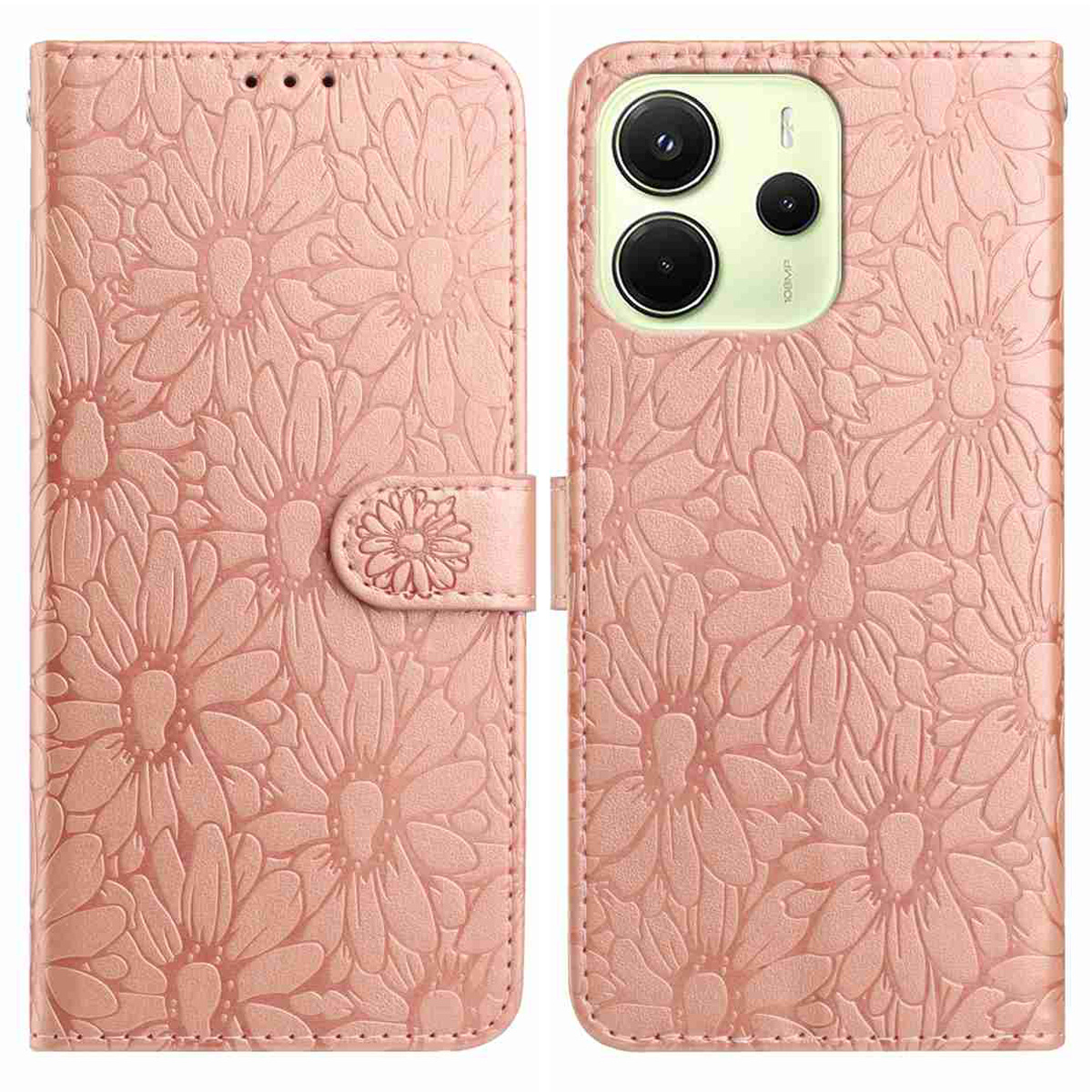 For Xiaomi Redmi Note 14 4G (164.84mm) Leather Case Daisy Imprint Wallet Stand Phone Protective Cover - Rose Gold