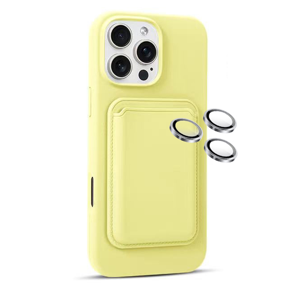 For iPhone 16 Pro Max Magnetic Case Silicone Phone Back Cover Set with Card Holder, Lens Film - Yellow
