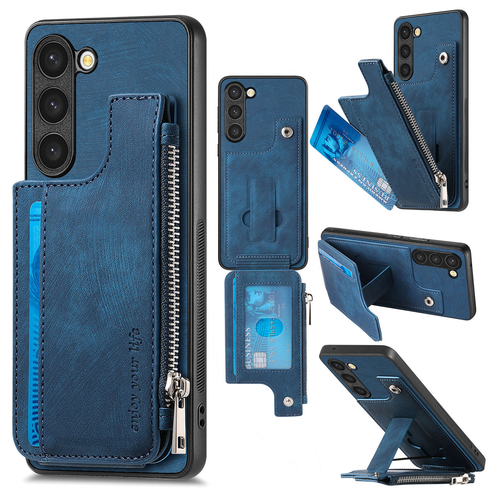 For Samsung Galaxy S23 Case Zipper Card Holder Kickstand Leather + PC + TPU Phone Cover - Blue