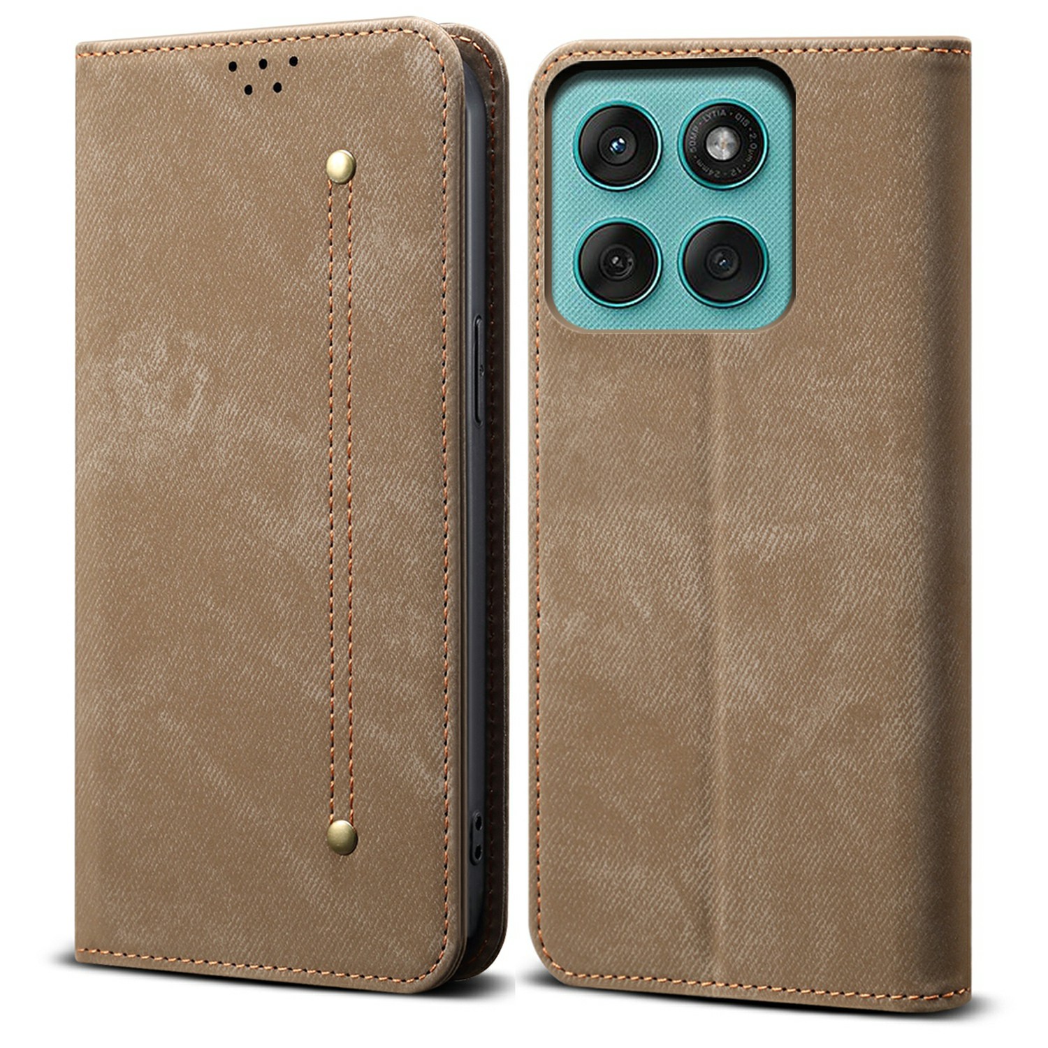 For Motorola Moto G Stylus 5G (2025) / Edge 60 Stylus 5G Case Jeans Cloth Texture Anti-Scratch Leather Stand Phone Cover - Khaki
