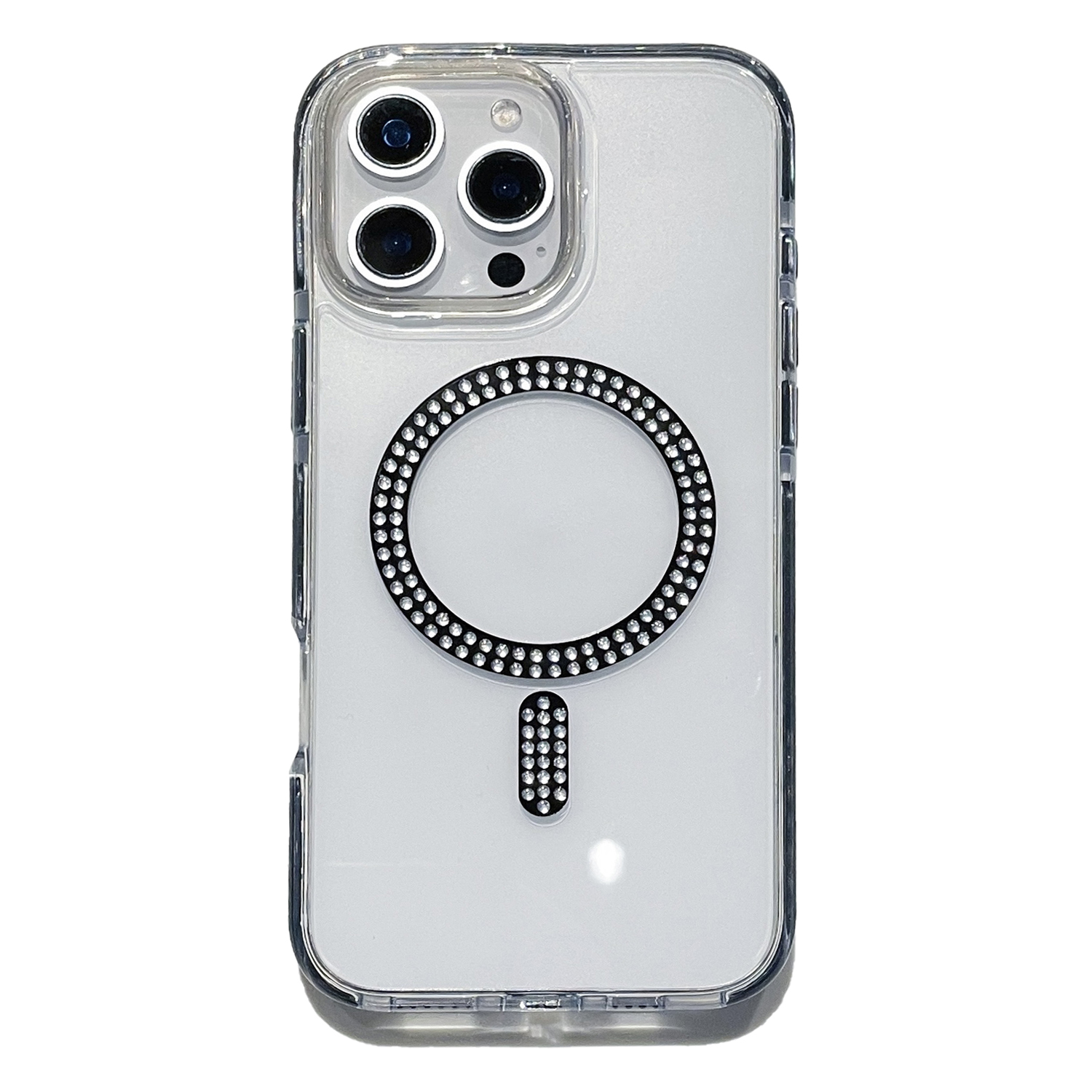 For iPhone 16 Pro Max Case Compatible with MagSafe Rhinestone Decor TPU + PC Phone Cover - Black