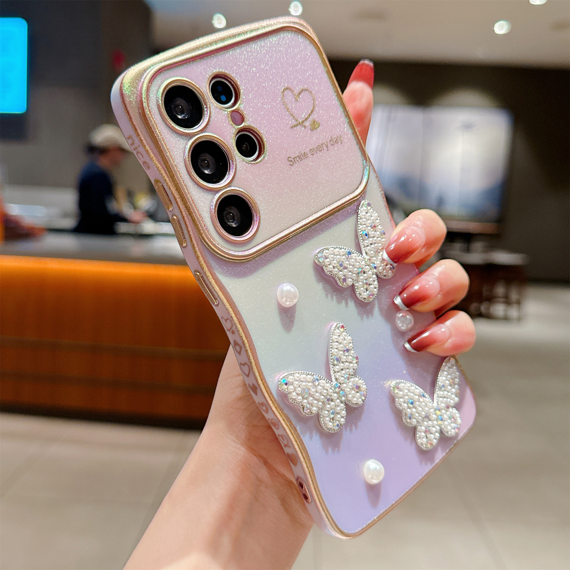 For Samsung Galaxy S25 Ultra Case Electroplating Wave Edge Dazzling Color TPU Phone Cover Pearl Butterfly Decor - Purple