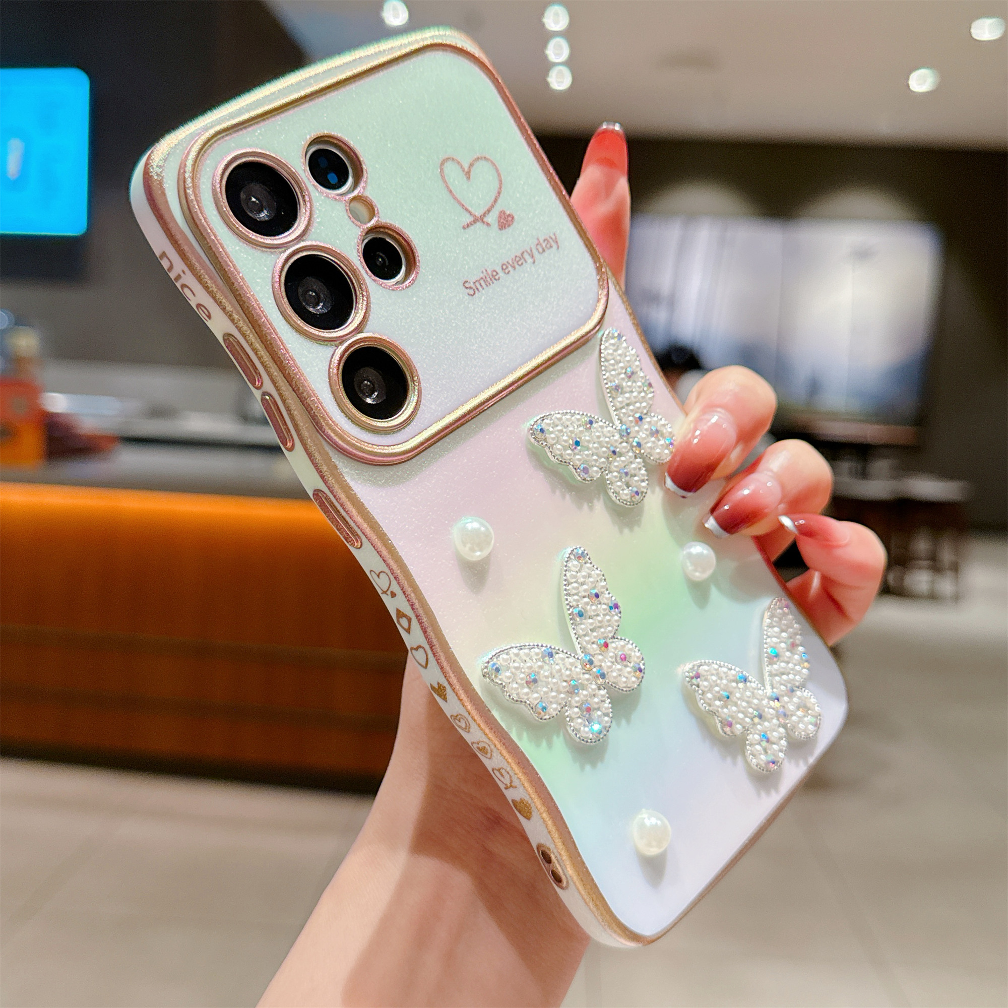 For Samsung Galaxy S25 Ultra Case Electroplating Wave Edge Dazzling Color TPU Phone Cover Pearl Butterfly Decor - White