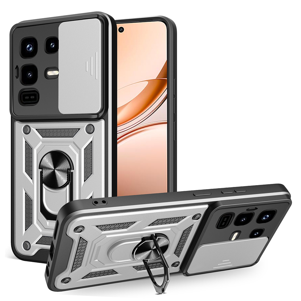 For Infinix Note 50 Pro 4G Case with Slide Camera Lid PC + TPU Kickstand Phone Cover - Silver
