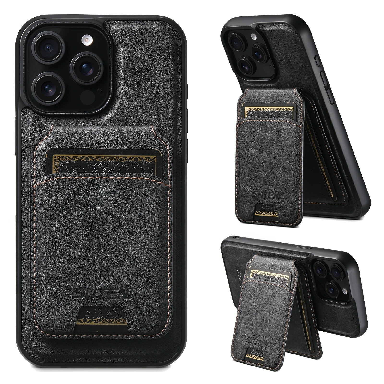 SUTENI M5 For iPhone 15 Pro Magnetic Case with Card Bag Cowhide Texture Leather Phone Back Cover - Black