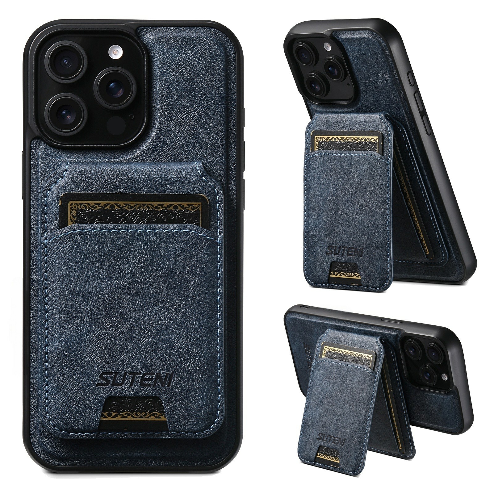 SUTENI M5 For iPhone 14 Pro Magnetic Case with Card Bag Cowhide Texture Leather Phone Back Cover - Blue