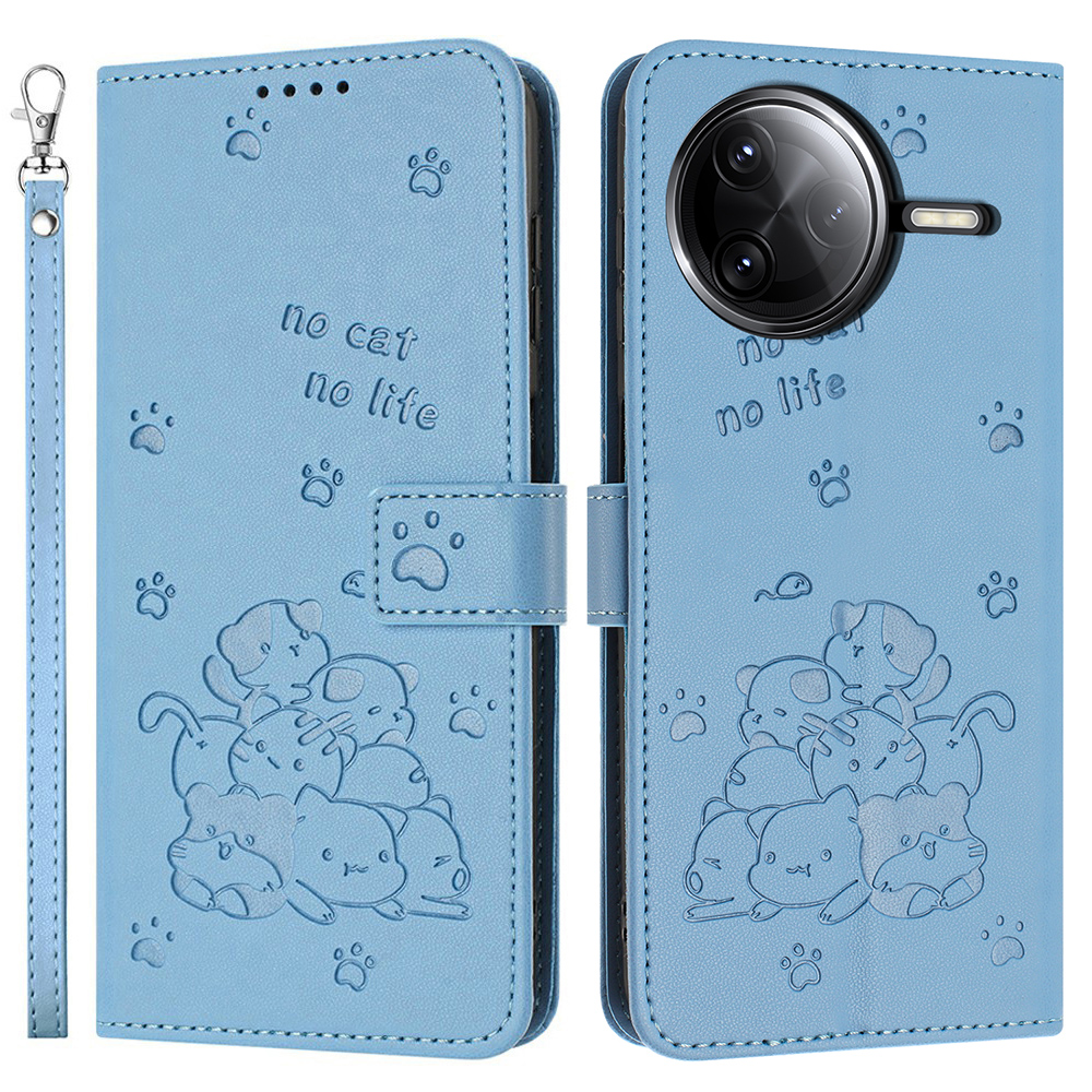 Wallet Case for Xiaomi Poco F7 Ultra 5G / F7 Pro 5G / Redmi K80 5G / K80 Pro 5G Cats Imprint Leather Phone Cover with Strap - Blue