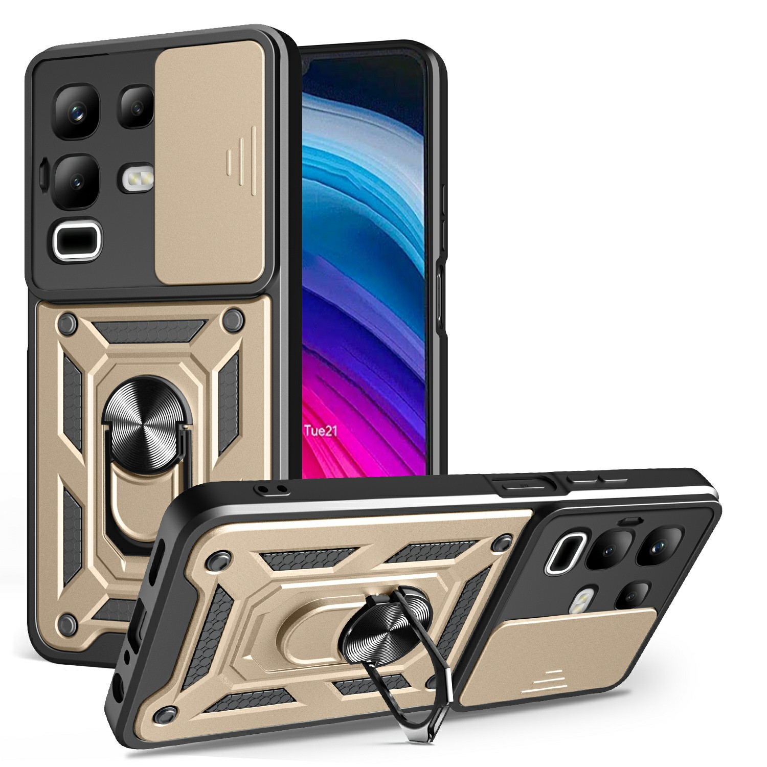 For Infinix Note 50x 5G Case with Slide Camera Lid PC + TPU Kickstand Phone Cover - Gold