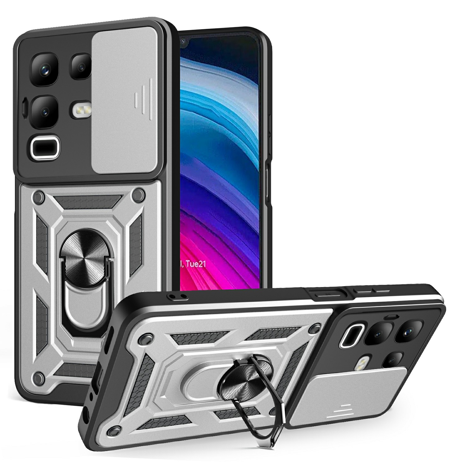 For Infinix Note 50x 5G Case with Slide Camera Lid PC + TPU Kickstand Phone Cover - Silver