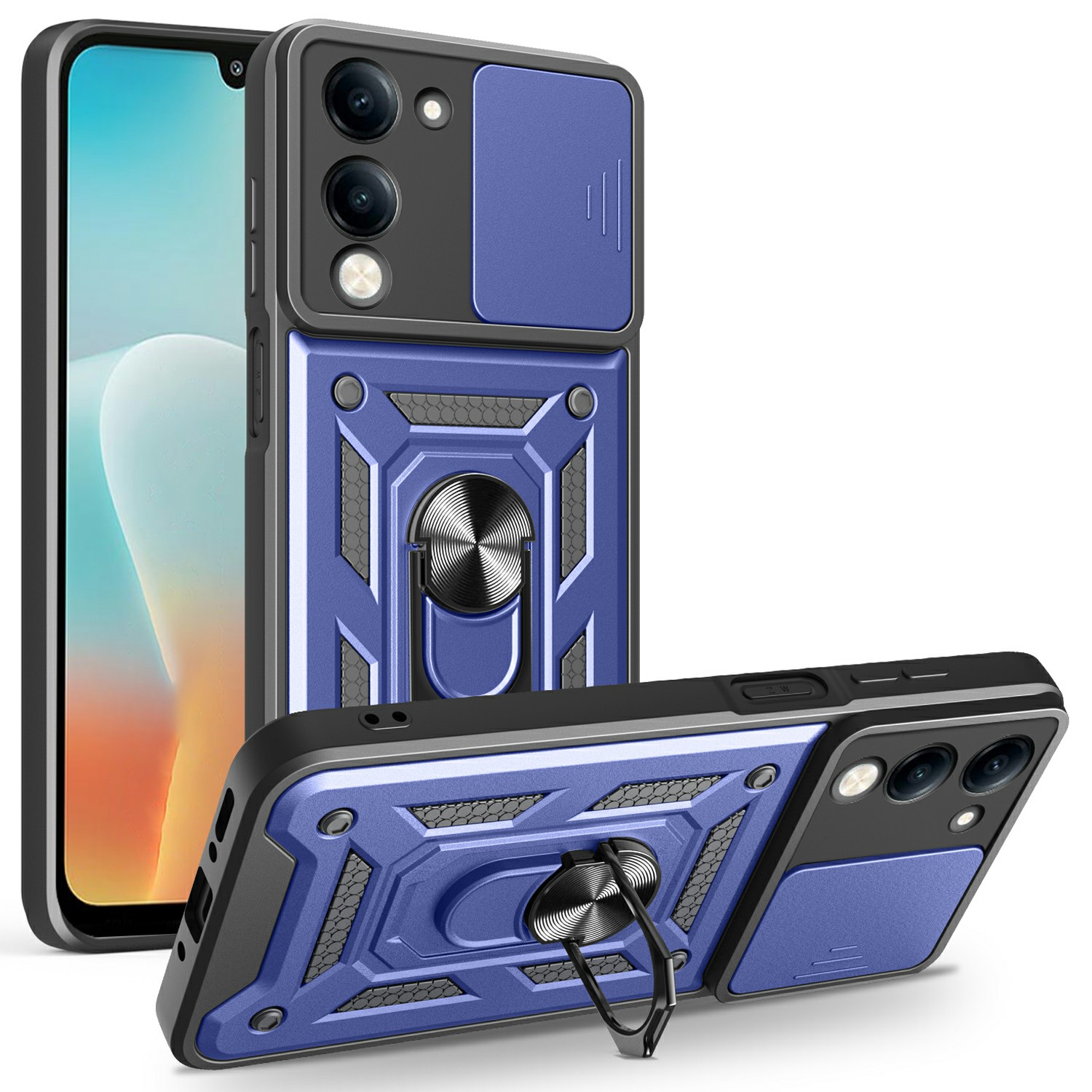 For vivo Y29s 5G / Y04 4G Case with Slide Camera Lid PC + TPU Kickstand Phone Cover - Blue