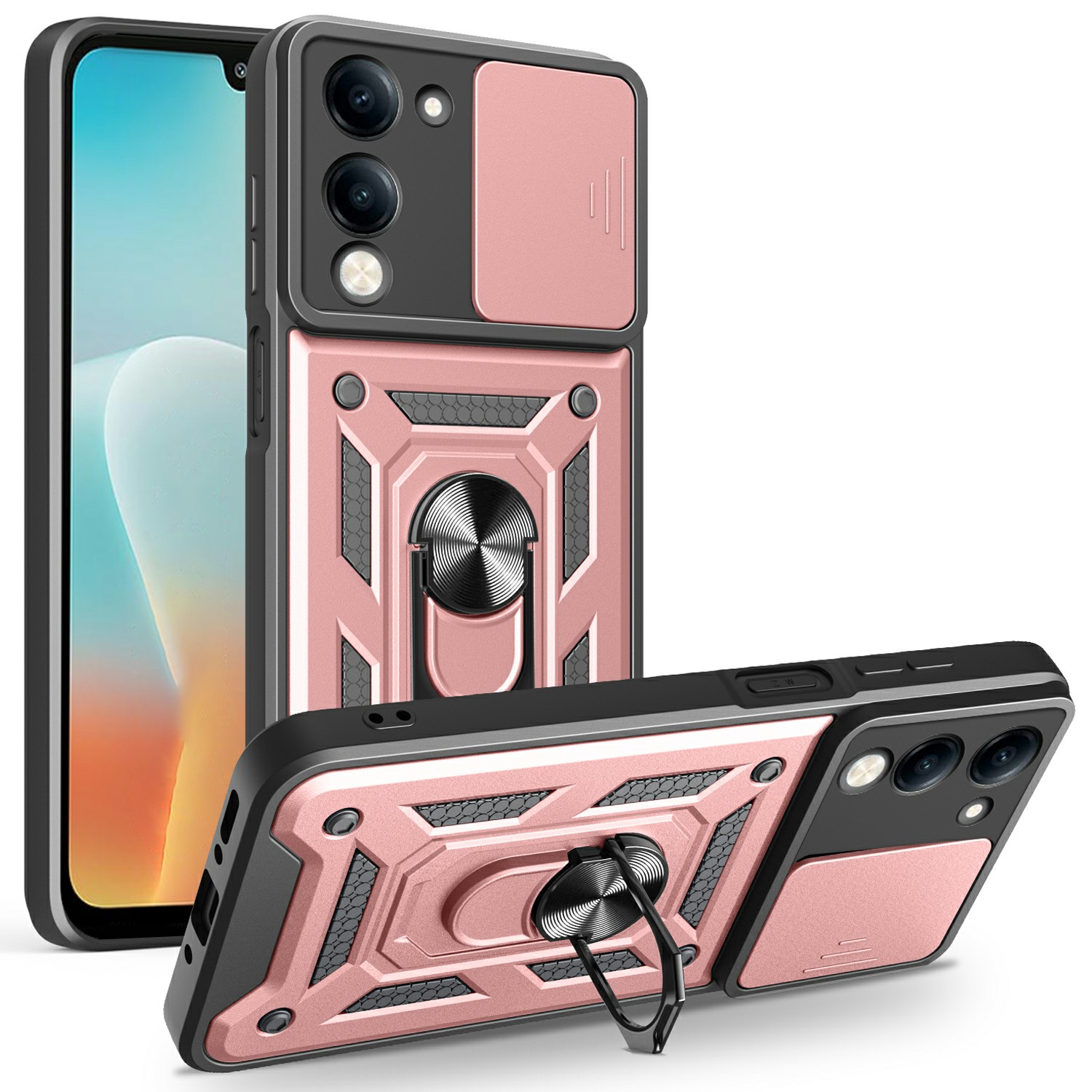 For vivo Y29s 5G / Y04 4G Case with Slide Camera Lid PC + TPU Kickstand Phone Cover - Rose Gold