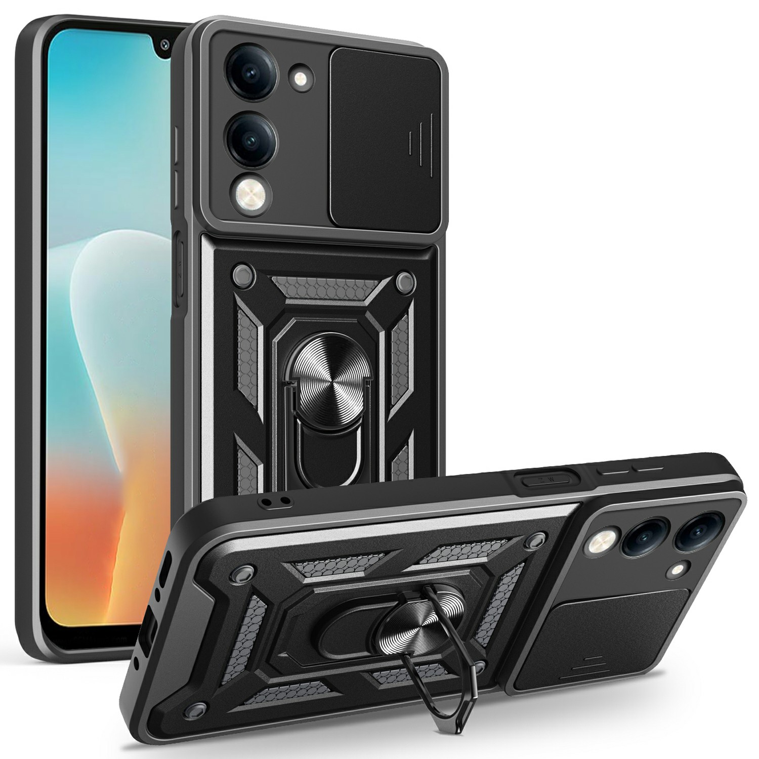 For vivo Y29s 5G / Y04 4G Case with Slide Camera Lid PC + TPU Kickstand Phone Cover - Black