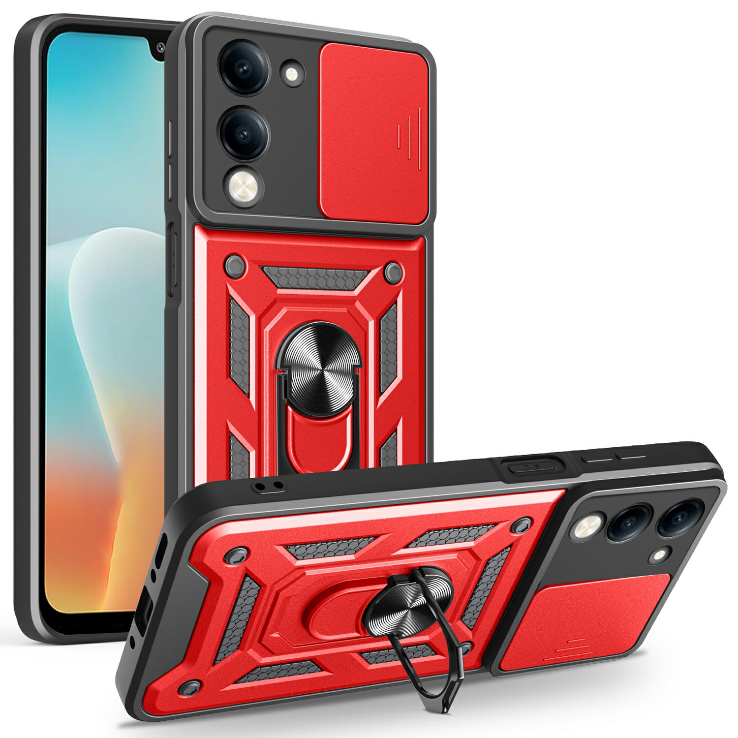 For vivo Y29s 5G / Y04 4G Case with Slide Camera Lid PC + TPU Kickstand Phone Cover - Red