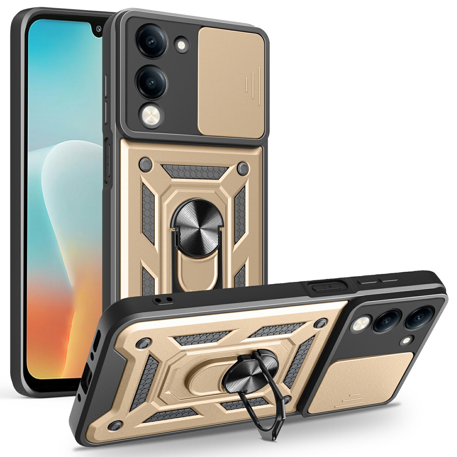 For vivo Y29s 5G / Y04 4G Case with Slide Camera Lid PC + TPU Kickstand Phone Cover - Gold