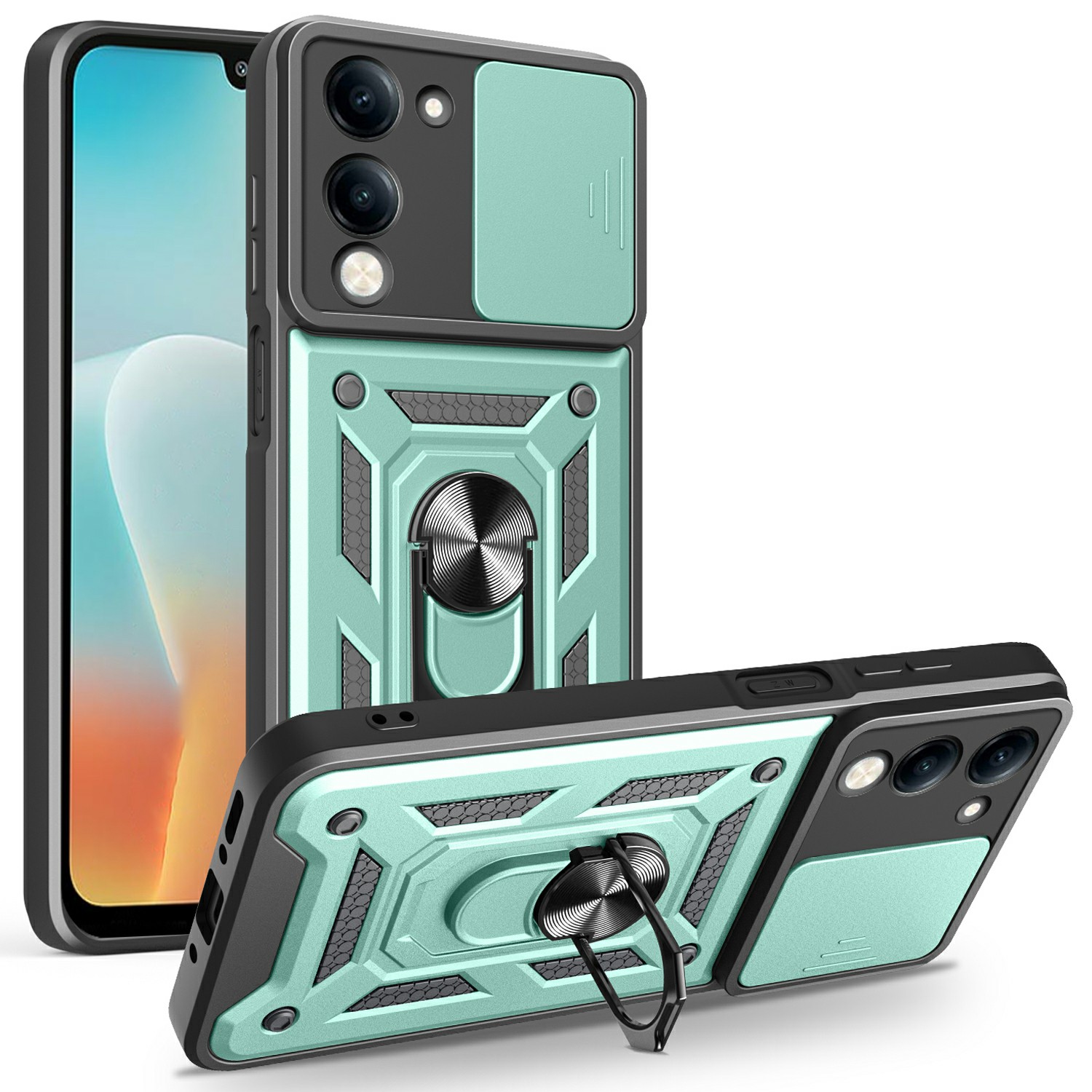 For vivo Y29s 5G / Y04 4G Case with Slide Camera Lid PC + TPU Kickstand Phone Cover - Green