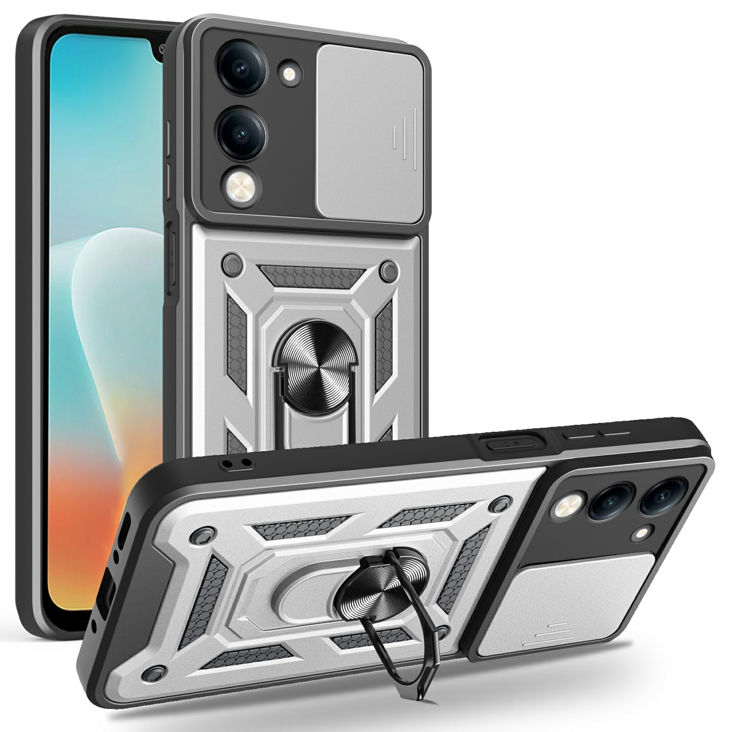 For vivo Y29s 5G / Y04 4G Case with Slide Camera Lid PC + TPU Kickstand Phone Cover - Silver