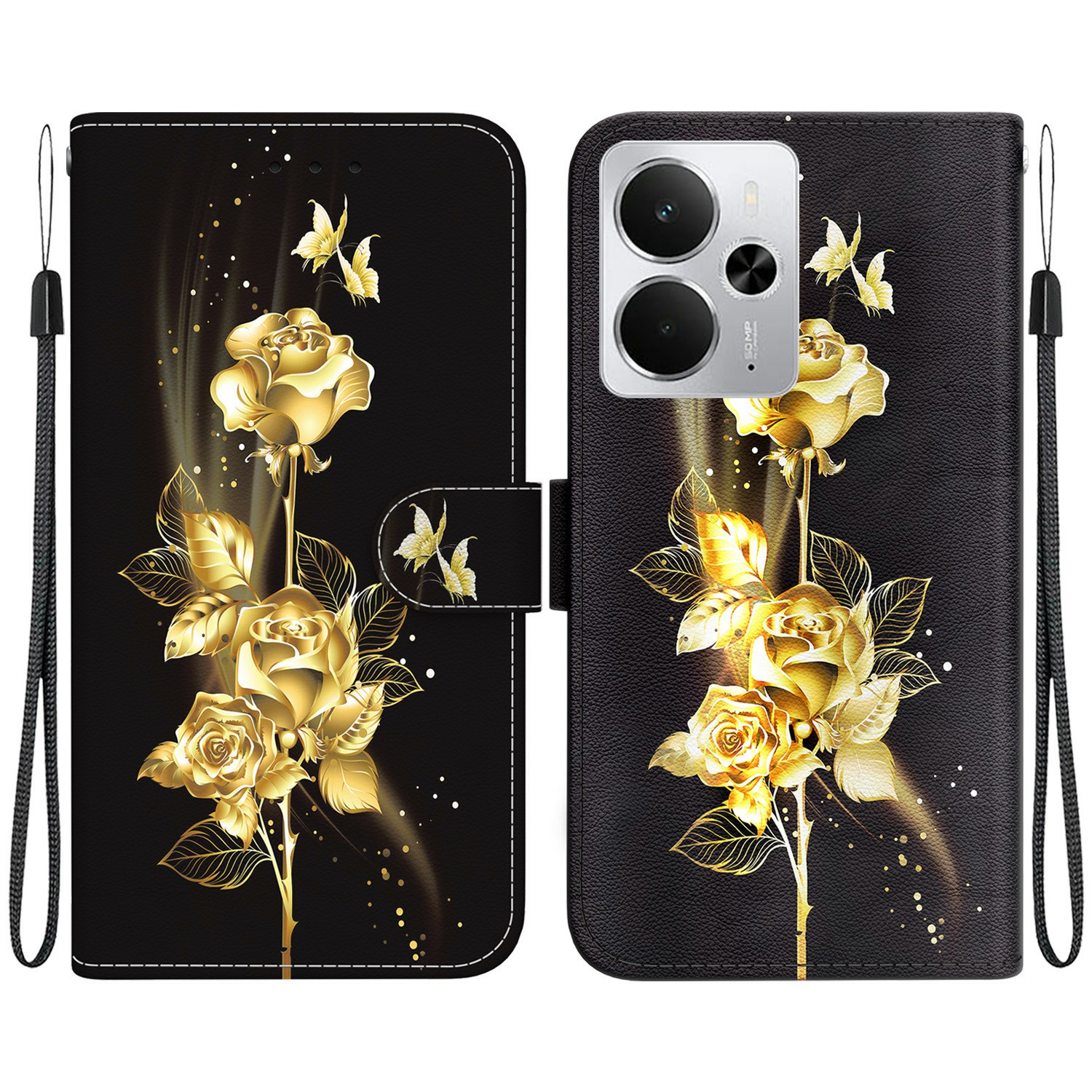 For Realme 14 5G Wallet Phone Case Anti-Drop Leather Flip Cover Pattern Printing - Gold Butterfly Rose