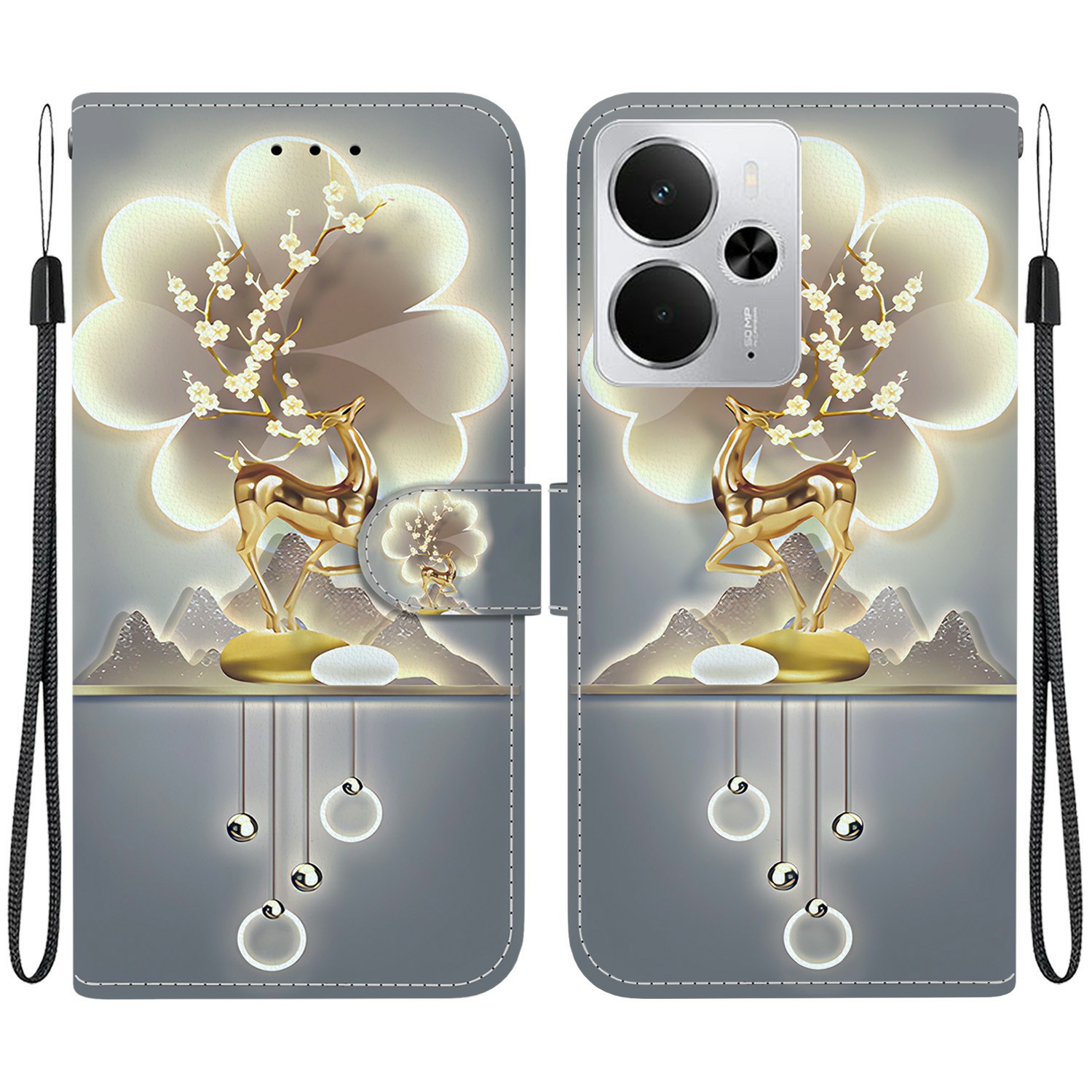 For Realme 14 5G Case Pattern Printing Anti-Drop Leather Flip Wallet Phone Cover with Lanyard - Sika Deer