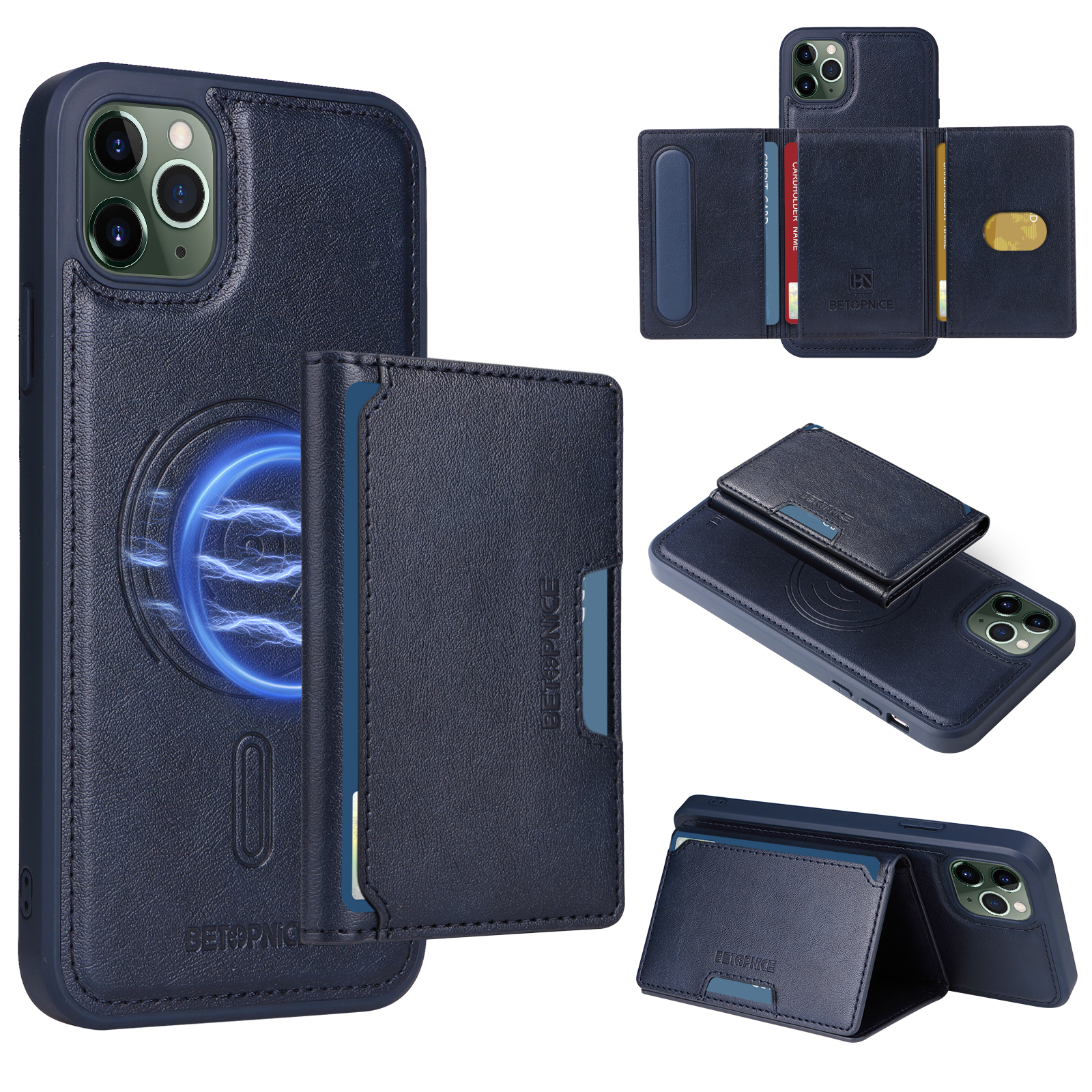BETOPNICE For iPhone 11 Pro Max Magnetic Case  Leather Phone Cover Kickstand with Detachable Card Bag - Blue