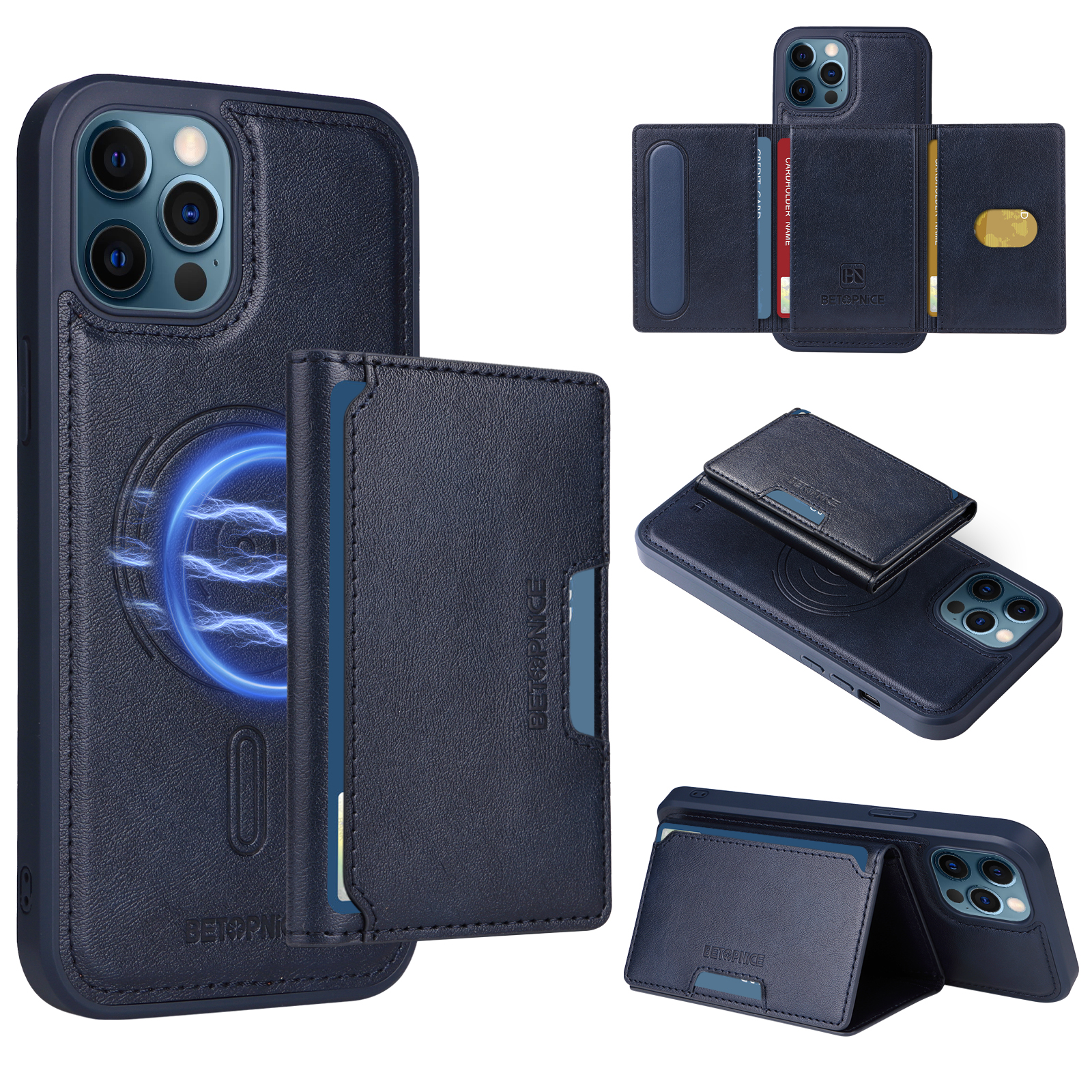 BETOPNICE For iPhone 12 Pro Max 6.7 inch Magnetic Case  Leather Phone Cover Kickstand with Detachable Card Bag - Blue