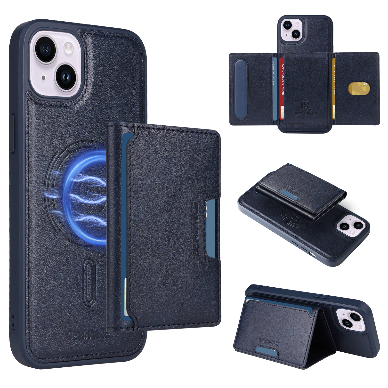 BETOPNICE For iPhone 14 Plus Magnetic Case  Leather Phone Cover Kickstand with Detachable Card Bag - Blue