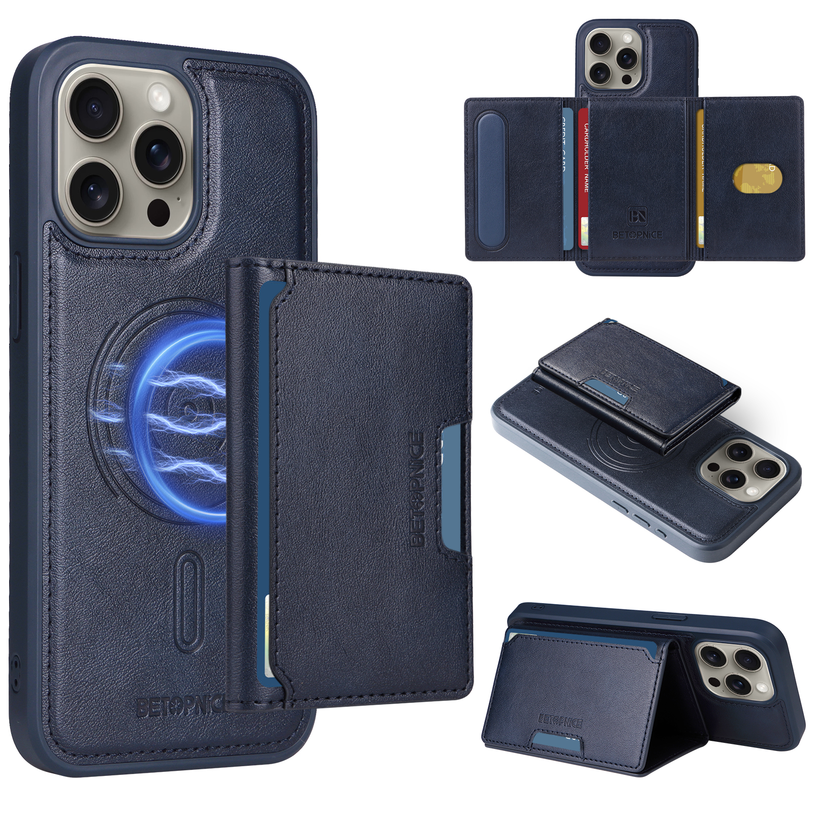 BETOPNICE For iPhone 15 Pro Max Magnetic Case  Leather Phone Cover Kickstand with Detachable Card Bag - Blue