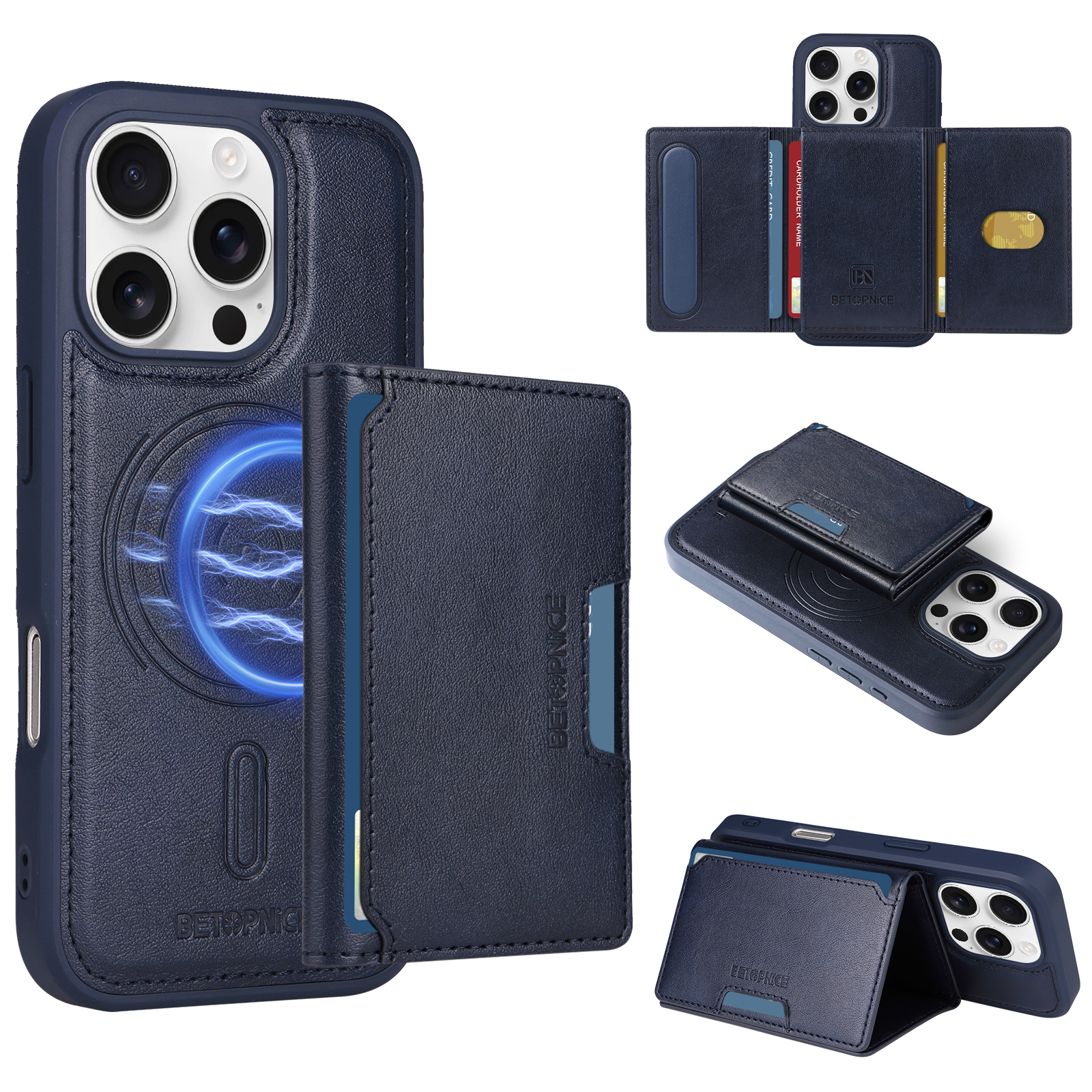 BETOPNICE For iPhone 16 Pro Magnetic Case  Leather Phone Cover Kickstand with Detachable Card Bag - Blue