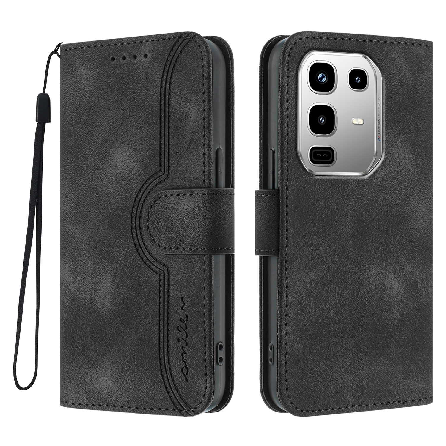 For Infinix Note 50 4G / Infinix Note 50 Pro 4G Leather Case Wallet Stand Smile Imprinted Phone Cover with Strap - Black