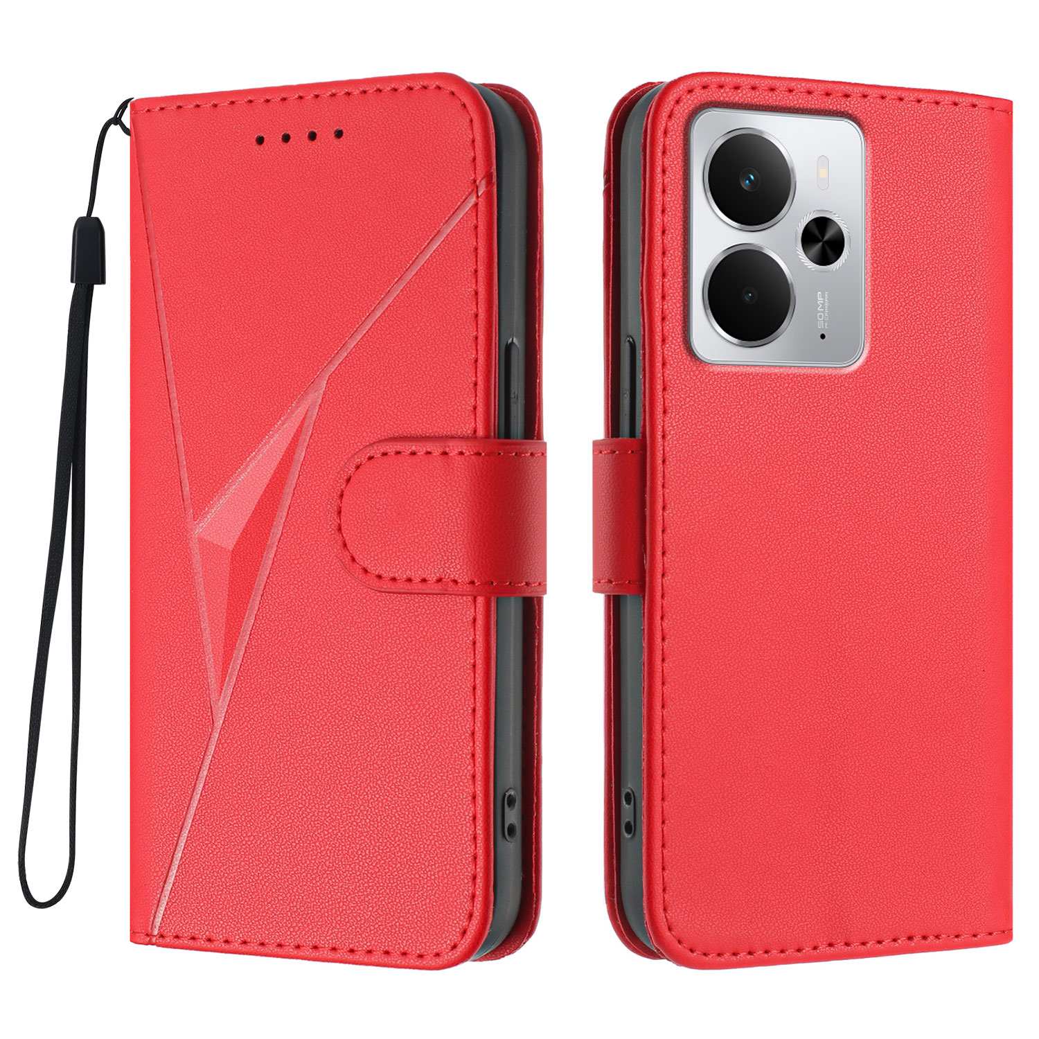 For Realme Neo7x 5G / Realme P3 5G / Realme 14 5G Case Triangle Imprint Leather Phone Cover with Lanyard - Red
