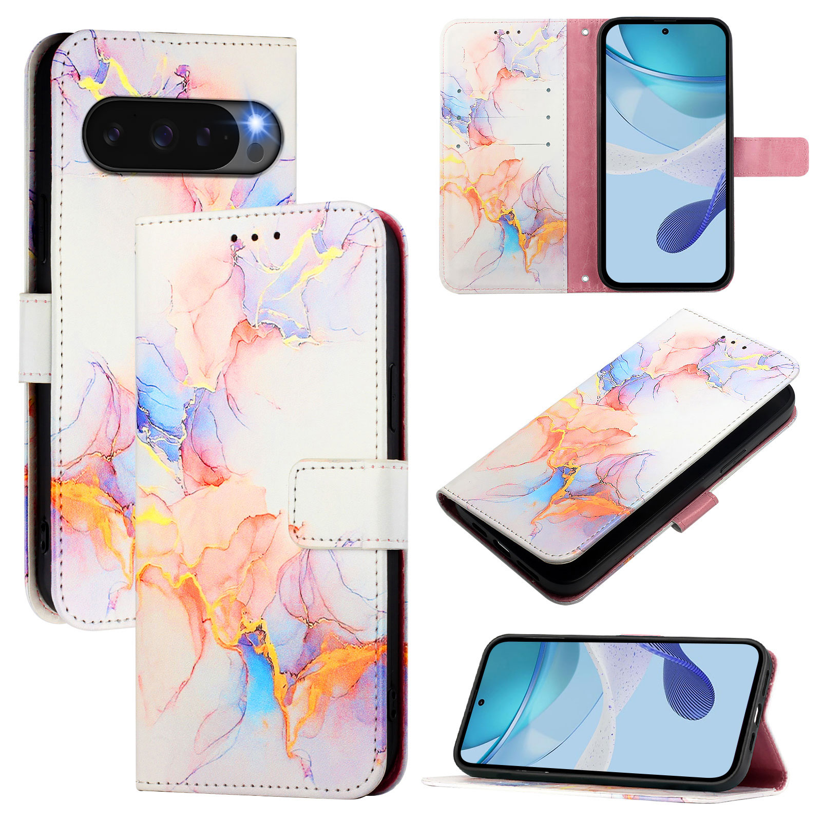 For Google Pixel 10 Pro XL Case with Strap Marble Pattern Leather Phone Cover Card Holder - Milky Way Marble White LS004
