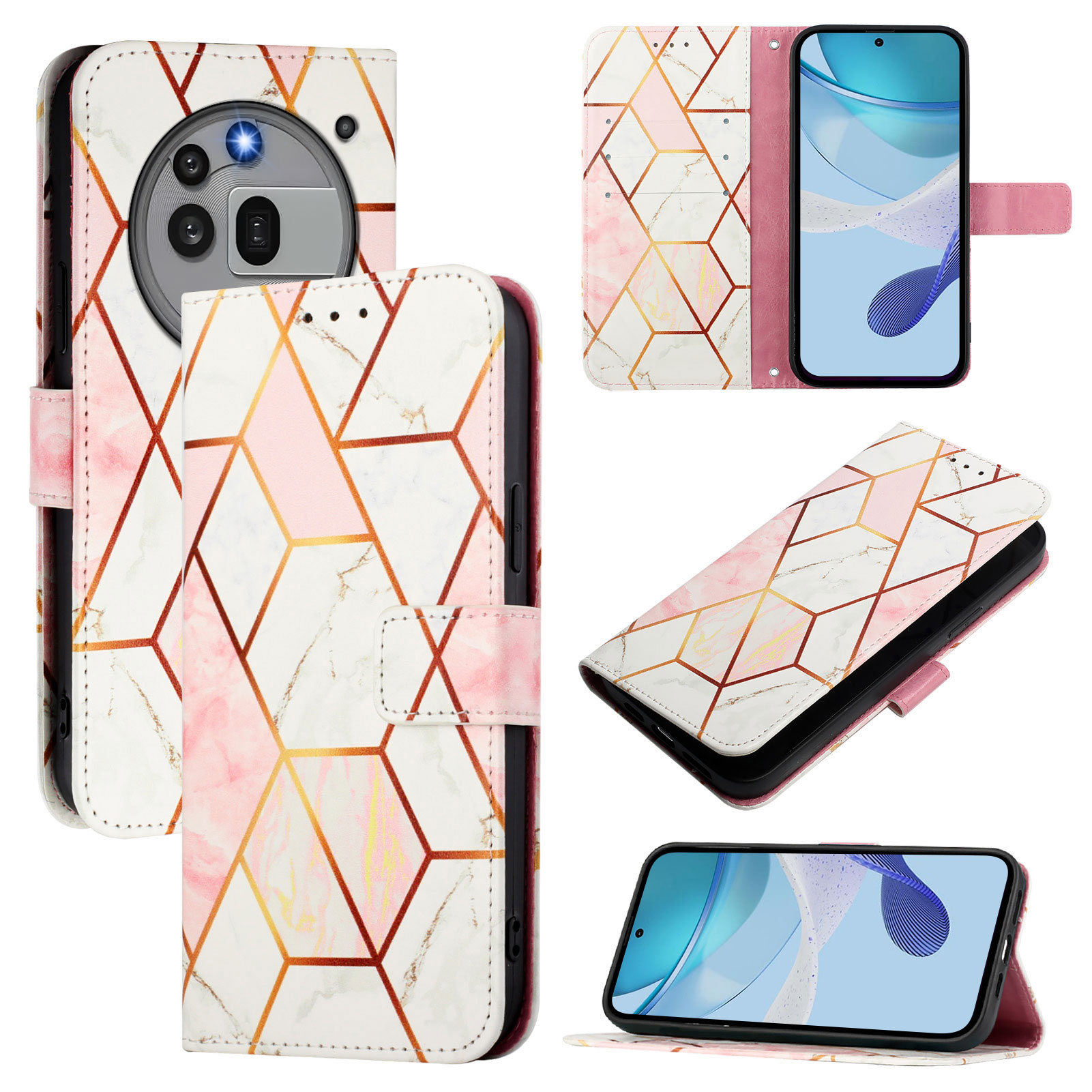 For Nothing Phone (3a) Pro Case with Strap Marble Pattern Leather Phone Cover Card Holder - Pink / White LS002