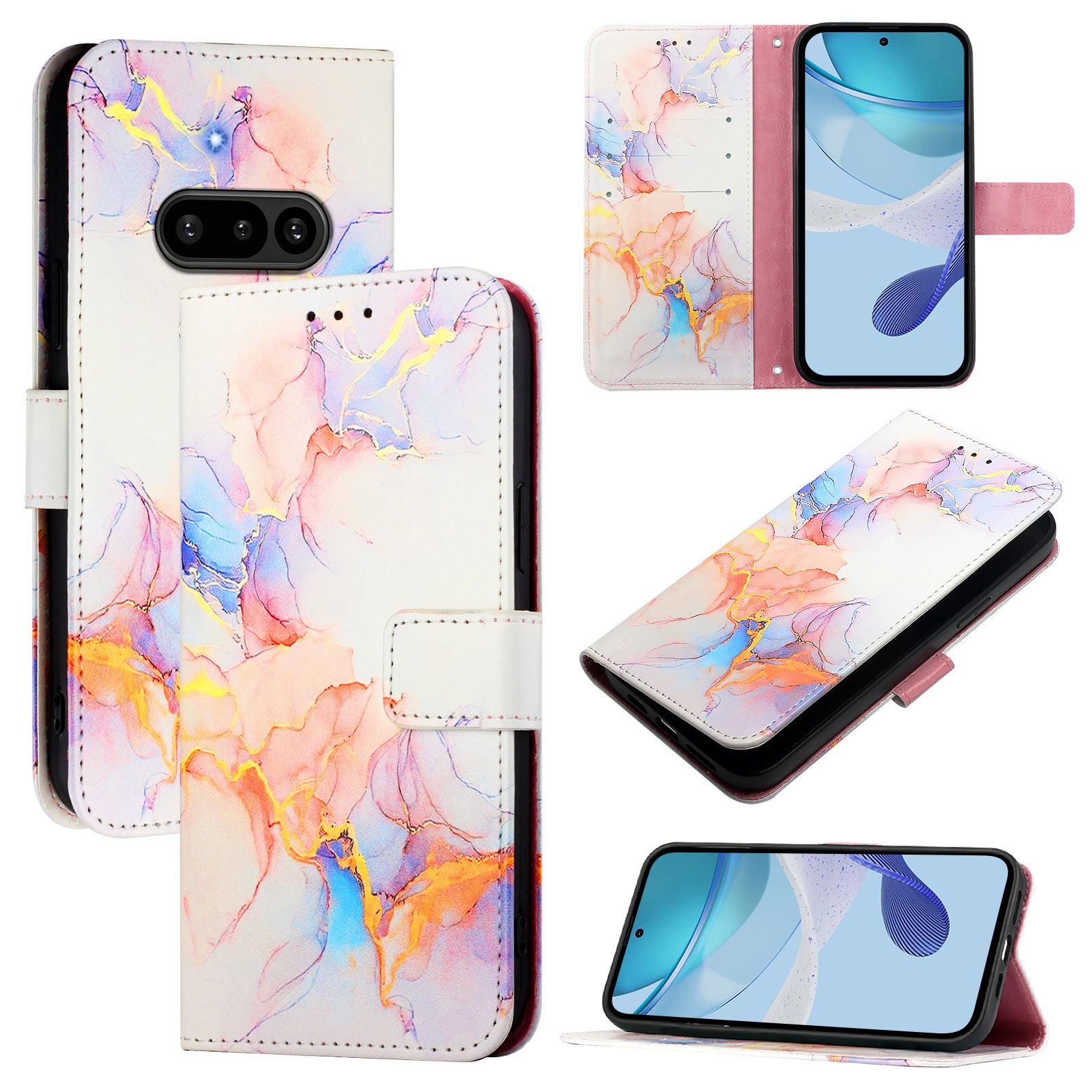 For Nothing Phone (3a) Case with Strap Marble Pattern Leather Phone Cover Card Holder - Milky Way Marble White LS004