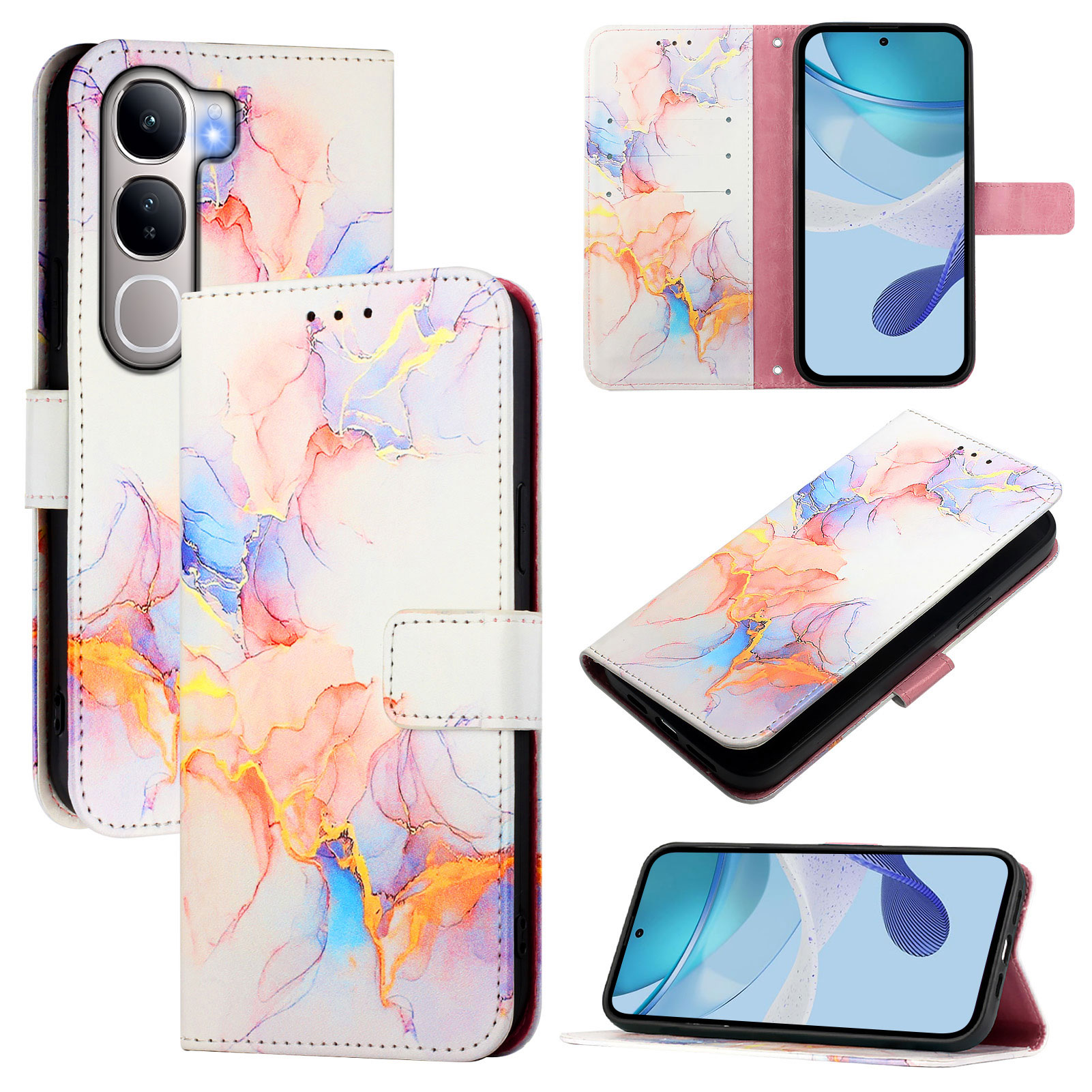 For vivo V40 Lite 5G / vivo Y300 5G Case with Strap Marble Pattern Leather Phone Cover Card Holder - Milky Way Marble White LS004